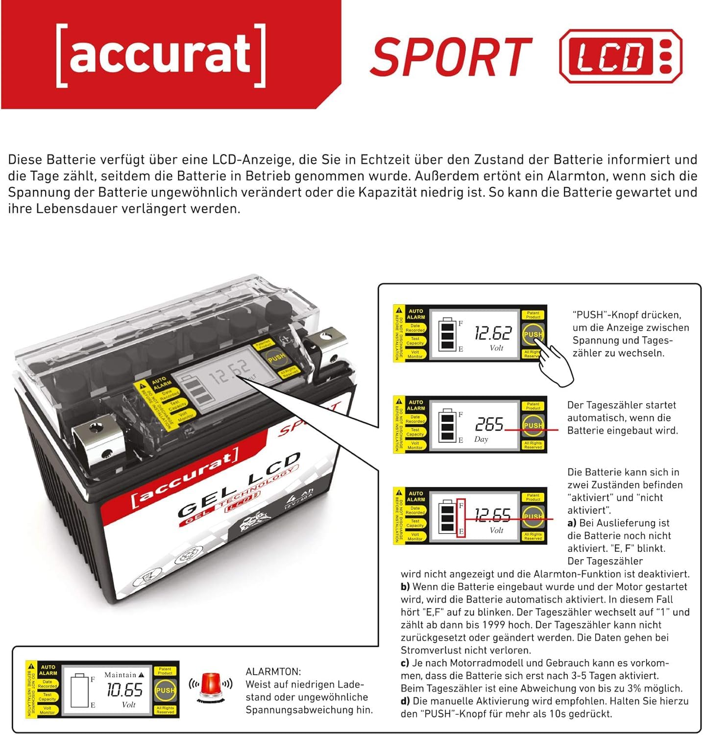 Accurat Motorradbatterie YTX7A-BS Gel 12V 7Ah Roller Batterie mit Display MGS12-7A-BS