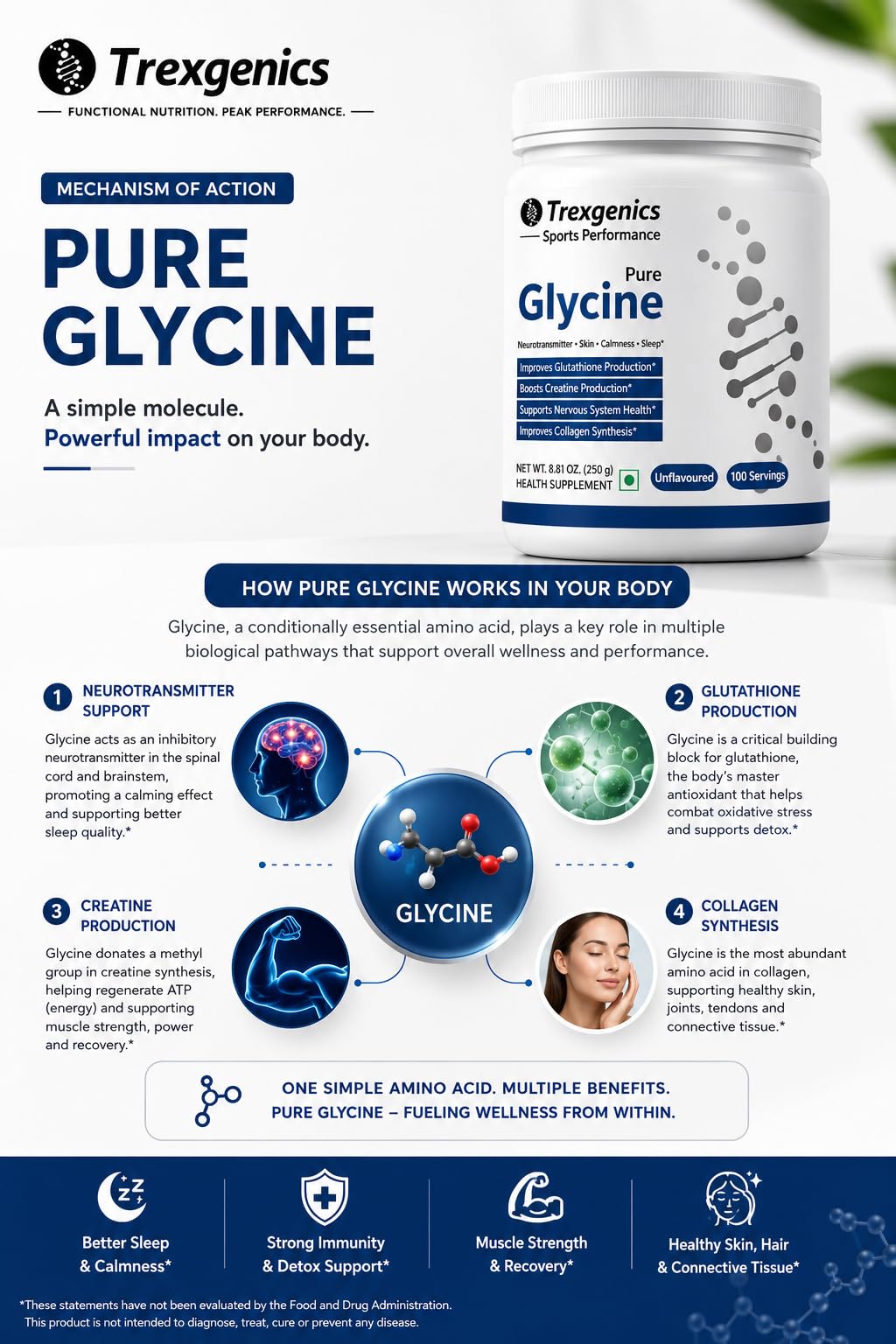 Trexgenics GLYCINE Pure Powder (100 Servings) Neurotransmitter, Skin, Calmness, Sleep, Relaxation Support (250 Gram) 3