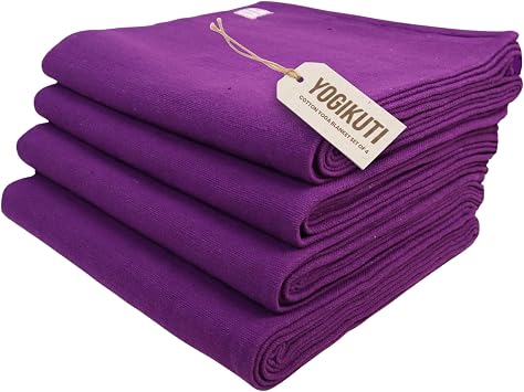 Yogikuti Iyengar Cotton Yoga Blanket Set of Four- Thick Handwoven Yoga Blankets for Restorative Yoga Meditation & Pranayama- Premium Cotton Yoga Blanket for Support & Comfort in Iyengar Yoga Purple