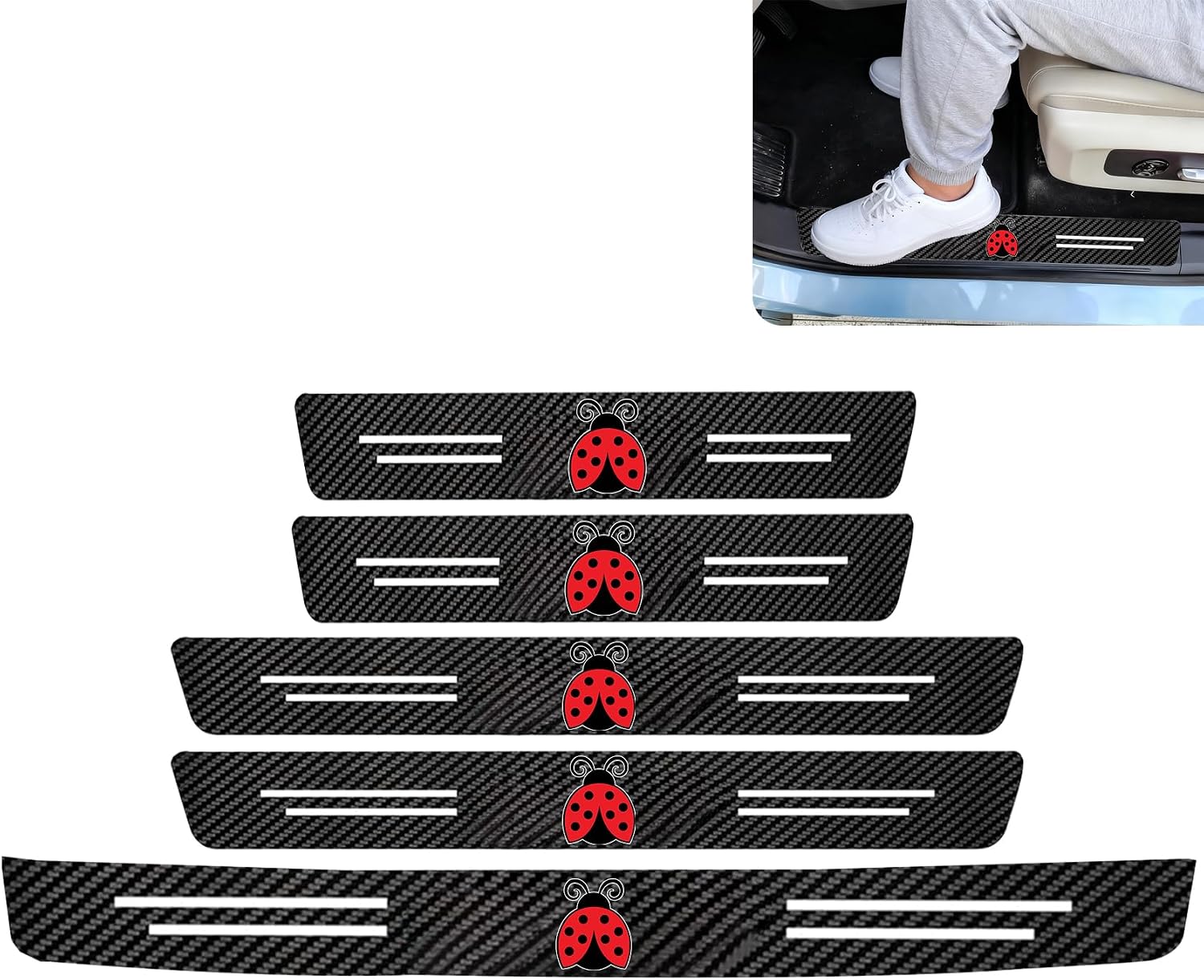 5PCS Ladybug Car Door Sill Sticker Carbon Fiber Leather Auto Decal | Decor Threshold Scuff Plate Protector for All Vehicle Models, Car Accessories Ladybug Gifts for Women Men