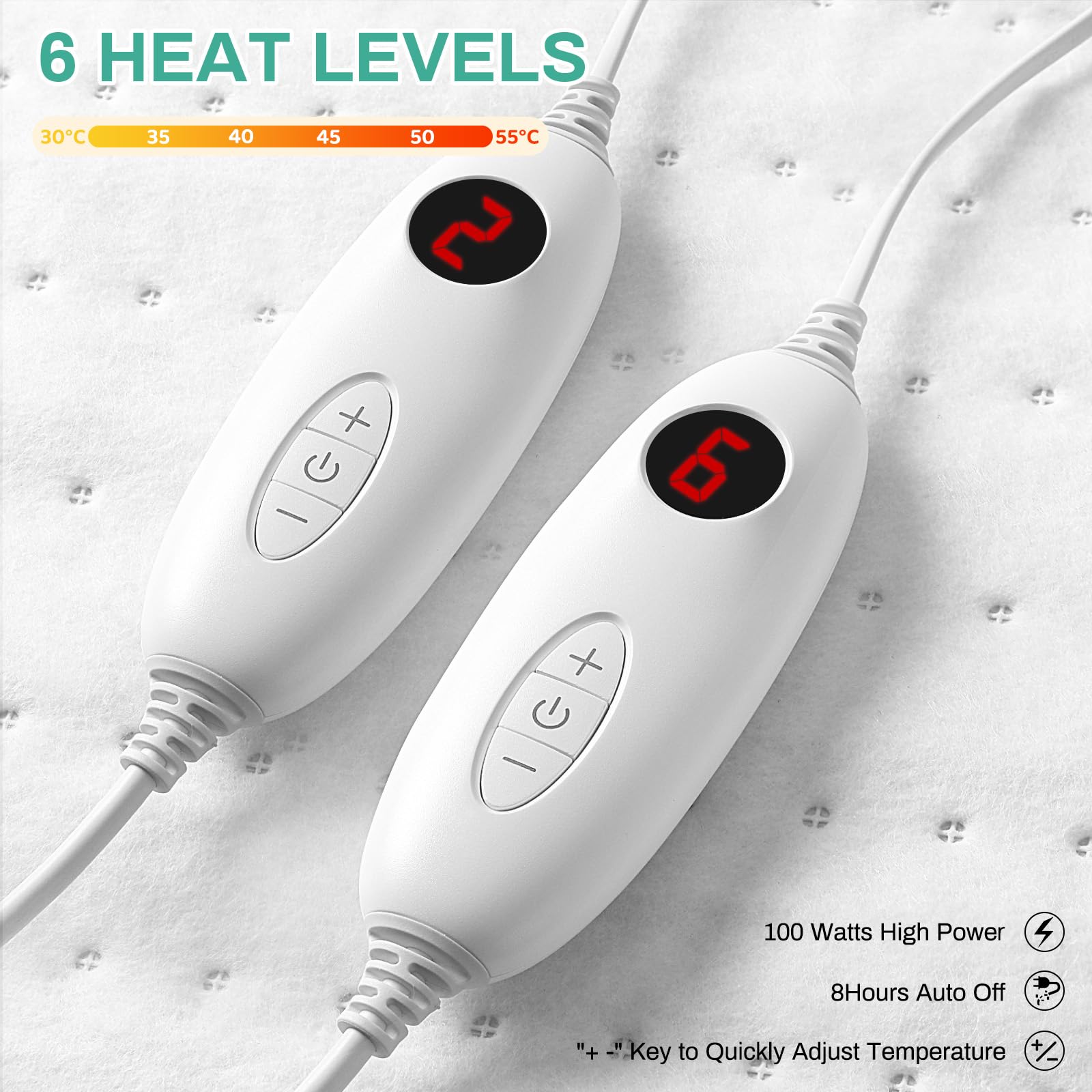 Clevich Surmatelas chauffant 190 x 140 cm - Double 2 x 100 W - Lavable en machine - Avec arrêt automatique de 8 heures - 6 niveaux de température - Double contrôleur amovible
