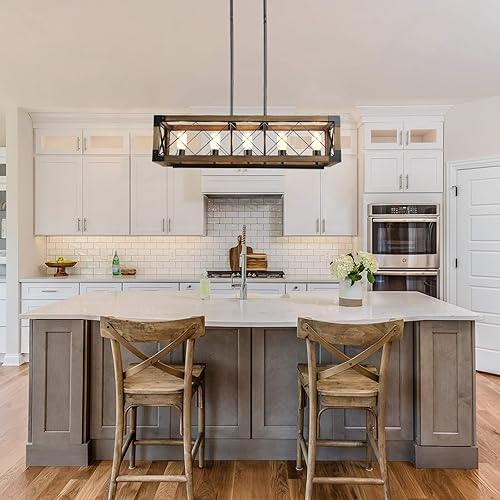 Miniatura 2 de Lámpara de araña de granja para comedor, lámpara rectangular de 5 luces, iluminación de isla de cocina de madera, 31.5 pulgadas de largo