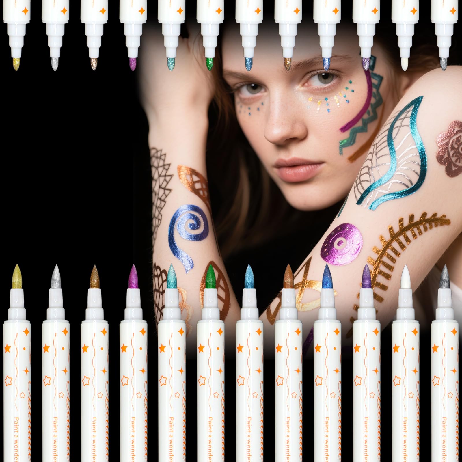 12 Colors Metallic Face Paint, Glitter Temporary Tattoo Body Painting Pens
