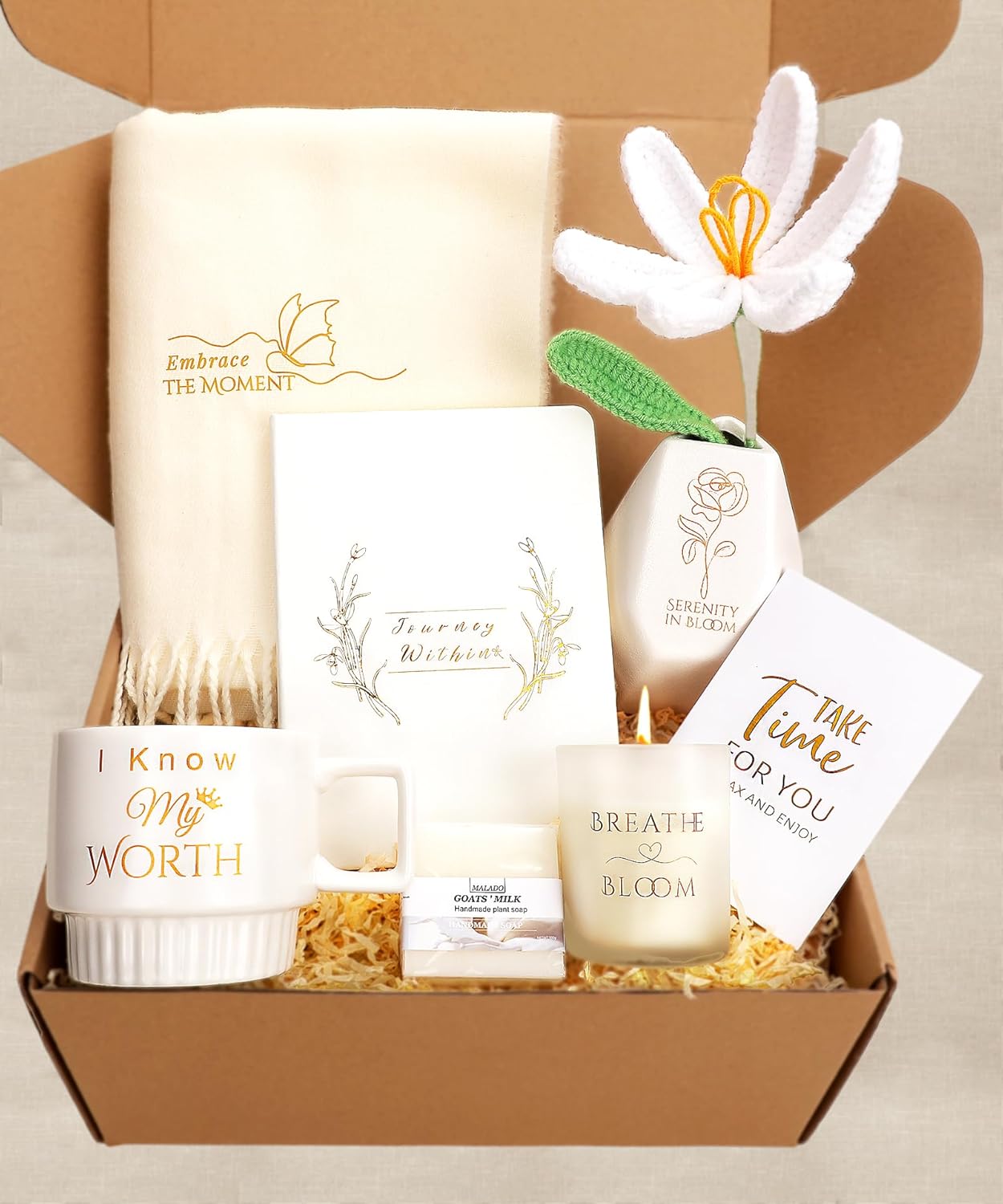 Christmas Self Care Gifts for Women – Relaxation Gift Basket with Scarf Shawl, Tulip Vase, Mug and More – Thank You, Birthday,Retirement, for Mom, Friends, Coworkers, Teachers