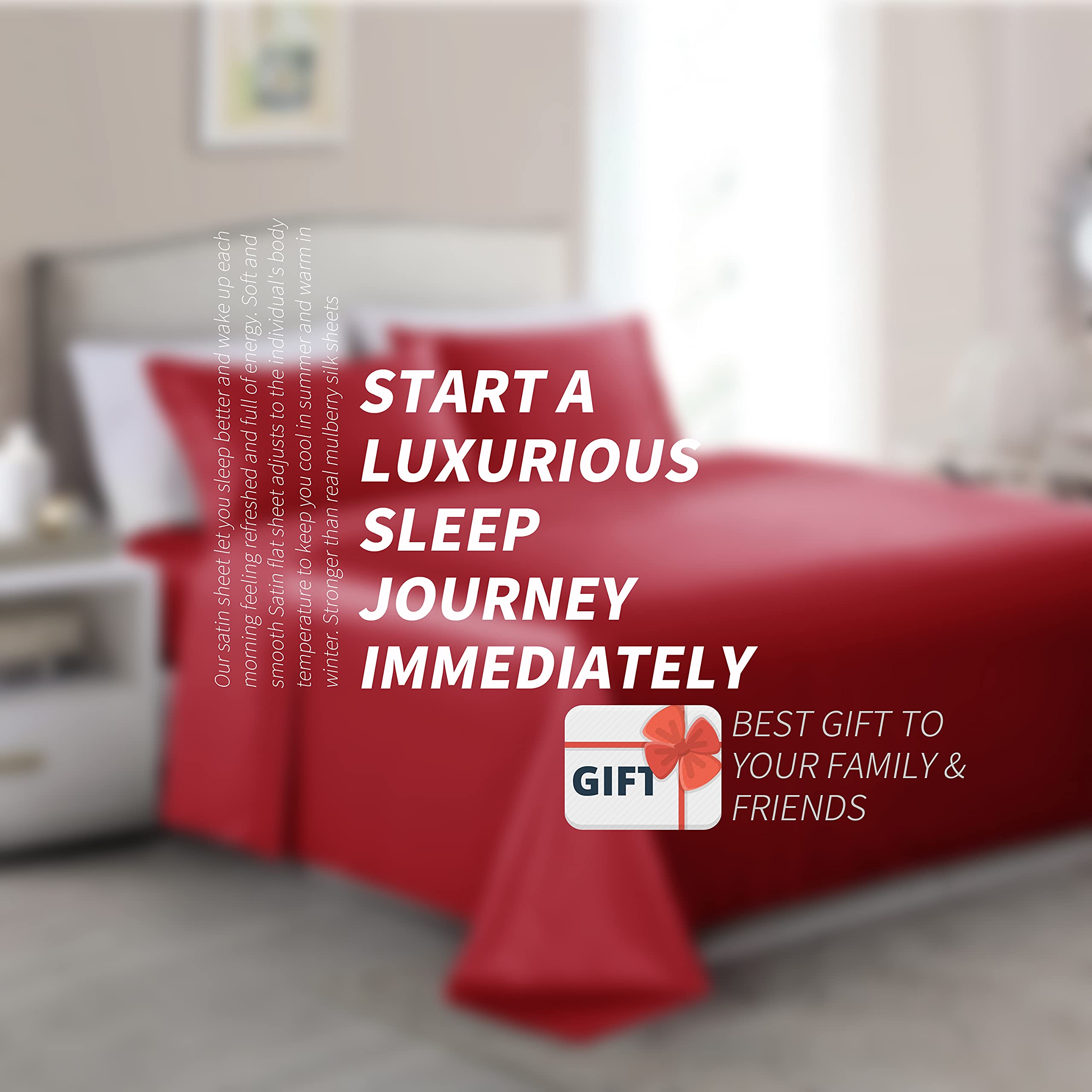 Set di lenzuola in raso rosso, 4 pezzi, per letto queen size, 1 lenzuolo con angoli profondi, 1 lenzuolo piatto, 2 federe