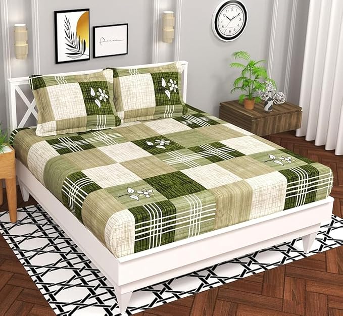 BSB HOME Microfiber 144 TC Aspire 2.O Collections Soft Breathable Wrinklefree Texture Floral Cheks Printed Double Bedsheets with 2 Regular Size Pillow Covers, Color Light Green and White