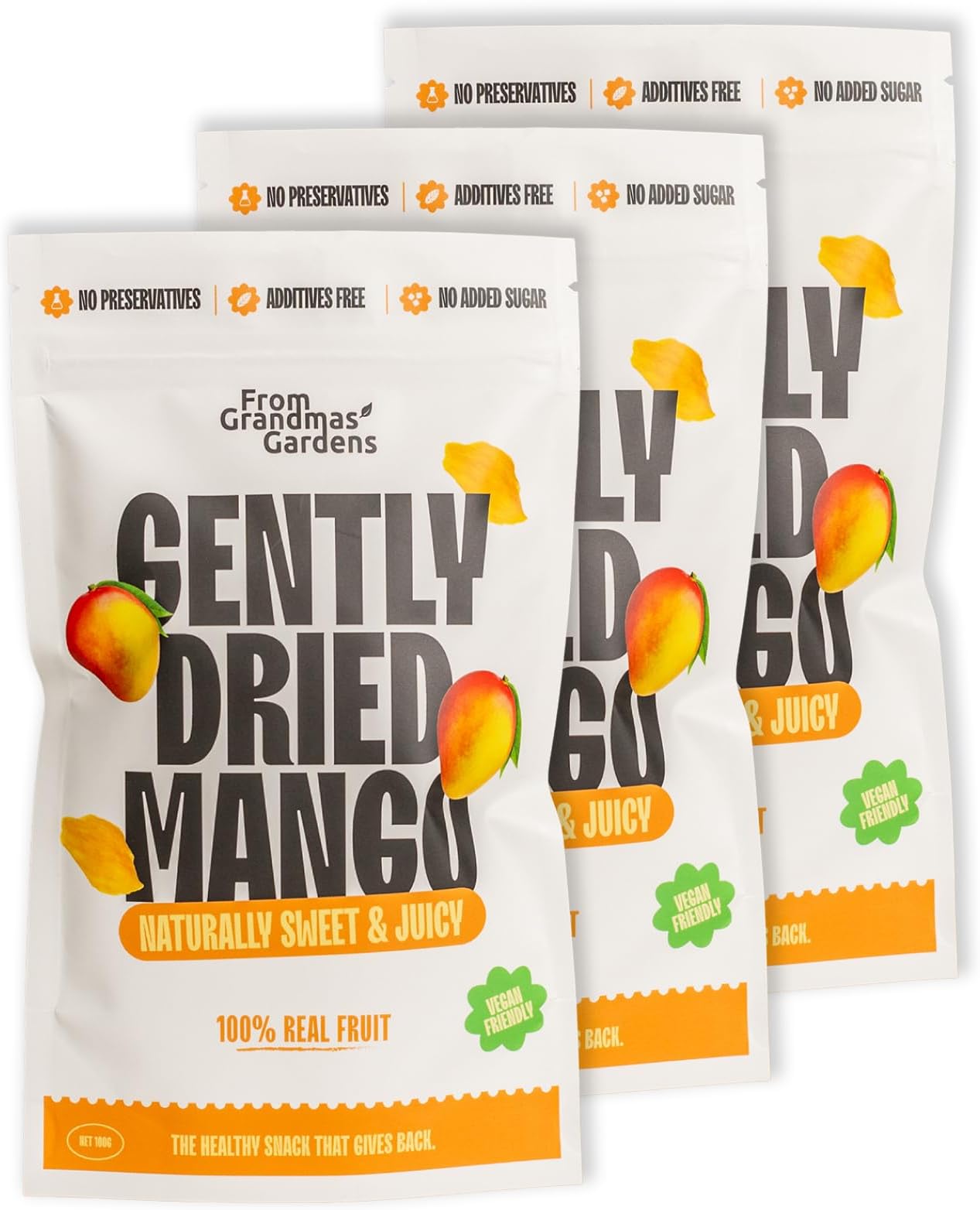 From Grandmas Gardens Dried Mango | 100% Natural, No Added Sugar | Gently Dried, Sweet & Juicy | 3x100g | Resealable Bag for Freshness | Rich in Vitamins | Healthy Snack | GMO-Free & Preservative-Free