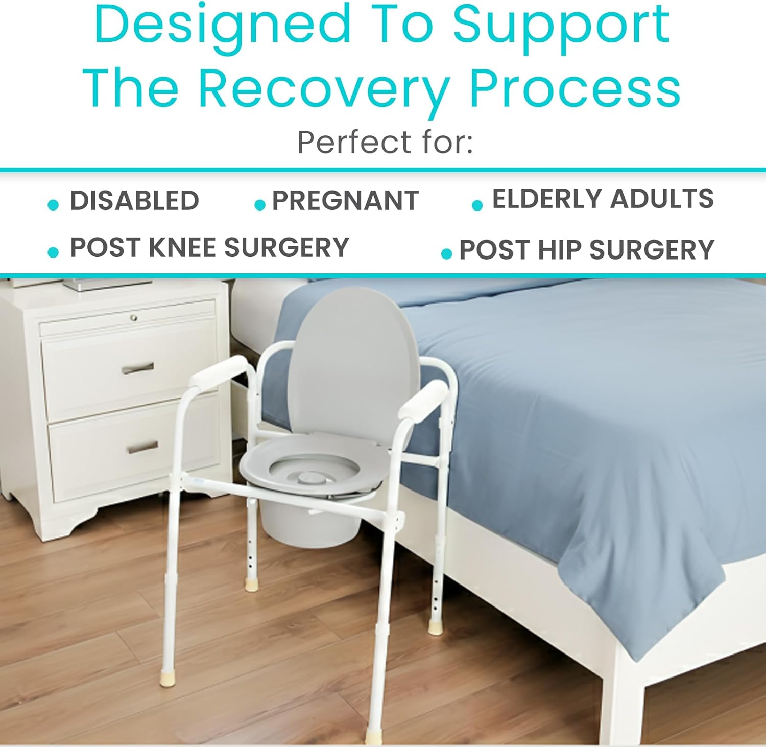Vive Bedside Commode Toilet Chair (Folding) - 350 lb Capacity, Safety Rail, Shower Chair - 3 in 1 Heavy Duty Bariatric Bucket with Padded Arms, Tight Lid – Portable Seat for Home - Steel