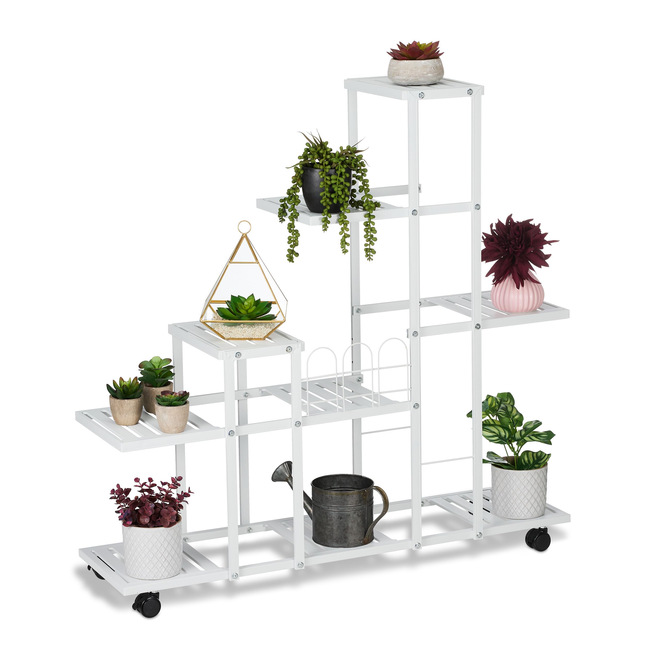 Relaxdays Flower Stand on Wheels, HxWxD: 91.5 x 93 x 26 cm, Metal, 9 Tiered Shelves, Indoor Plant Pot Display, White