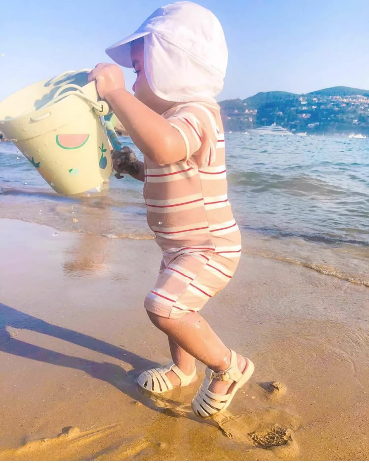 Girls One Piece Swimsuit Zipper Long Sleeve Rash Guard Green Striped Sunsuit Seersucker Bathing Suit with Ruffle Butt - Image 3