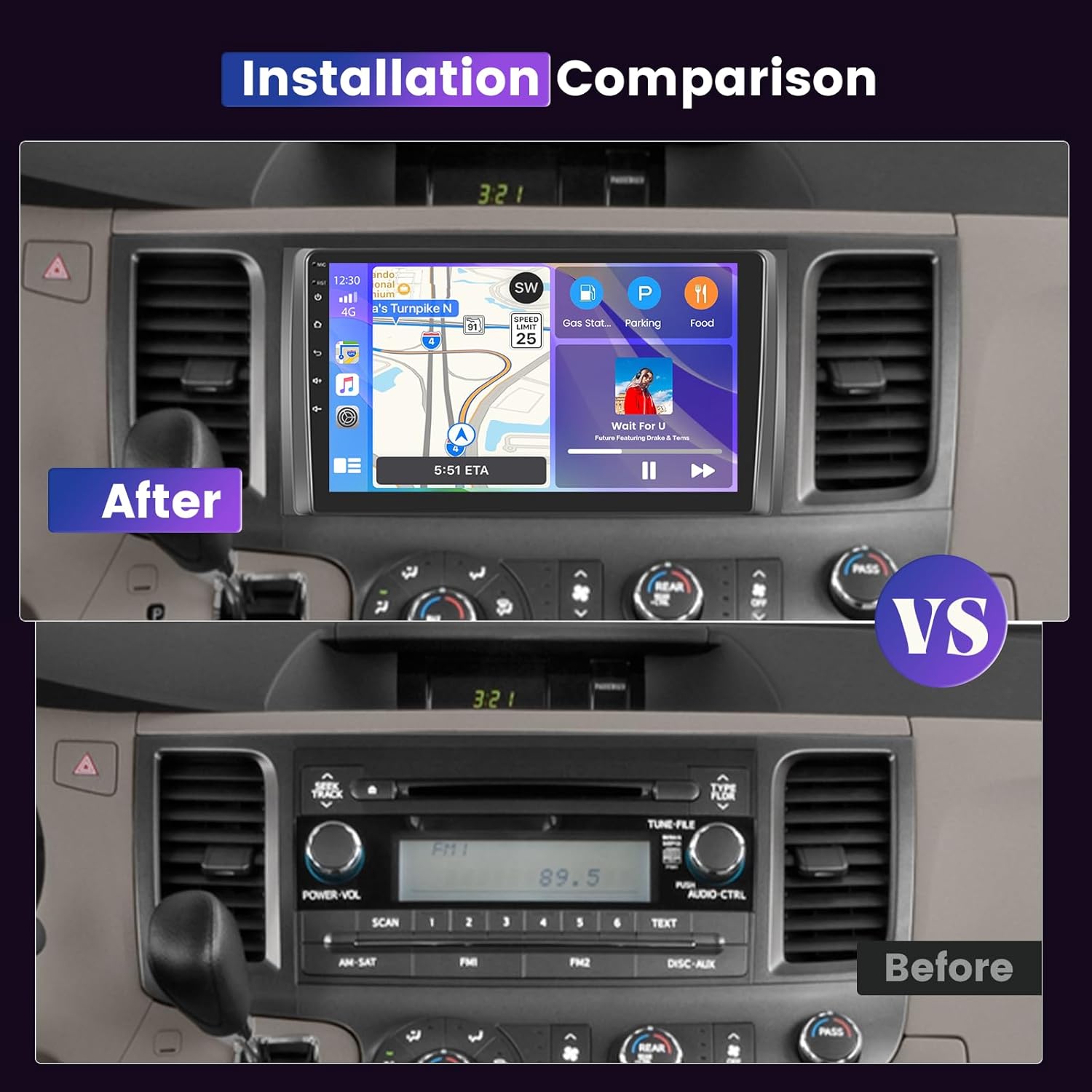 Octa-Core Car Radio Upgrade for Toyota Sienna (2011-2014), 9-inch IPS Touchscreen Car Stereo with Built-in DSP Wireless CarPlay Android Auto Backup Camera GPS Navigation BT5.0[4GB RAM+64GB ROM]