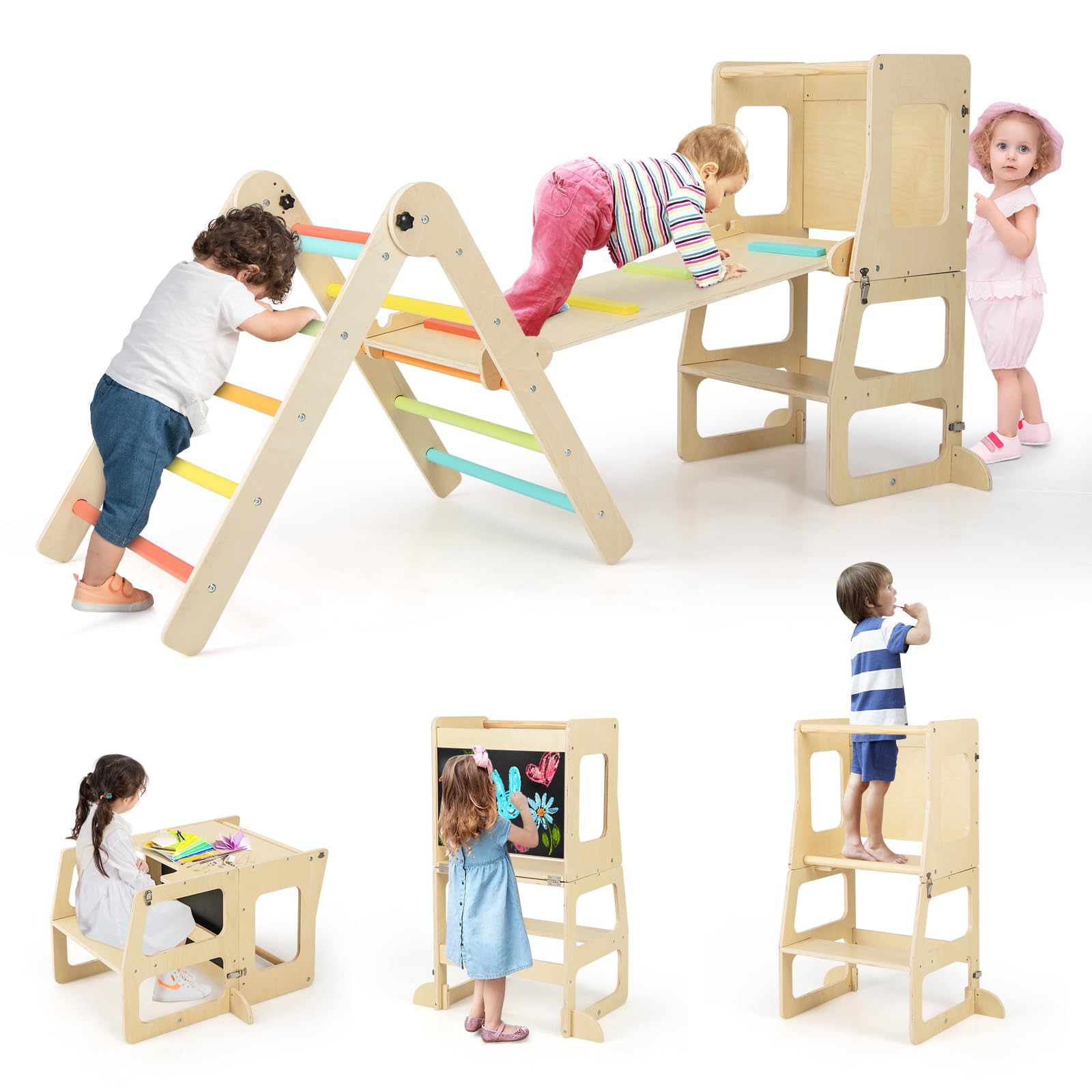 COSTWAY 7 en 1 Triángulo de Escalada de Madera para Niños con Rampa Reversible, Torre de Aprendizaje Plegable Montessori, Mesa y Silla Infantil, Pizarra Divertida, para Niños de 3-14 Años (Multicolor)