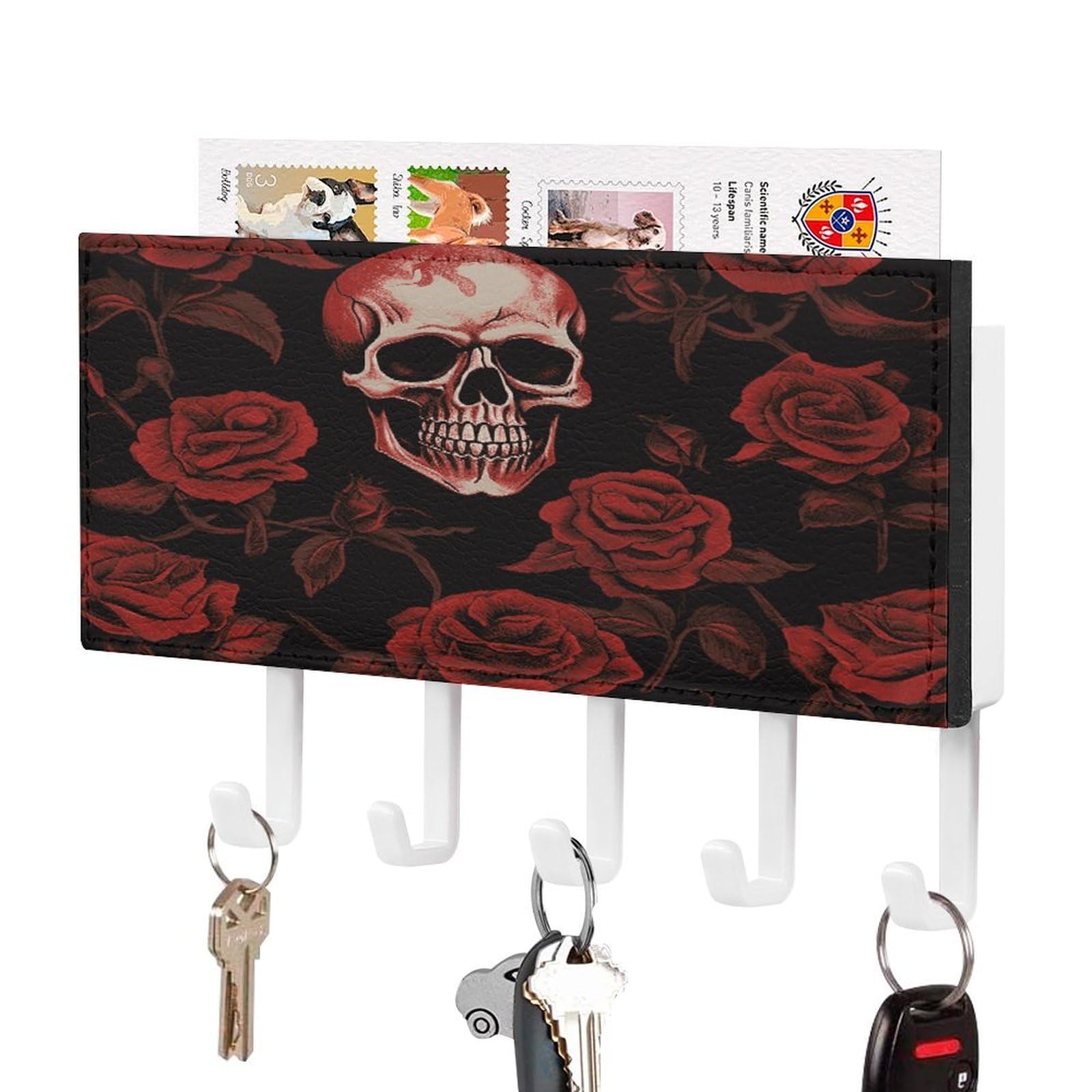 Fekiloot White-Style Skull Rose Key Holder Wall Mount Key And Mail Holder Key Hanger With 5 Hooks Decorative Pu Key Rack Hanging Key Hooks For Wall Living Room Kitchen Bathroom Hallway