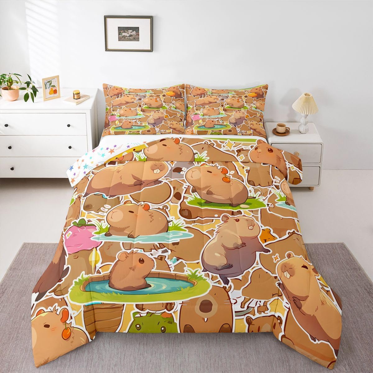 jejeloiu Capybara Comforter Set Full Size Kids Gifts for Capybara Lovers Comforter for Boys Teens Animals Lovers Bedding Set Orange Pattern Brown Duvet Set Room Decor Quilt Set