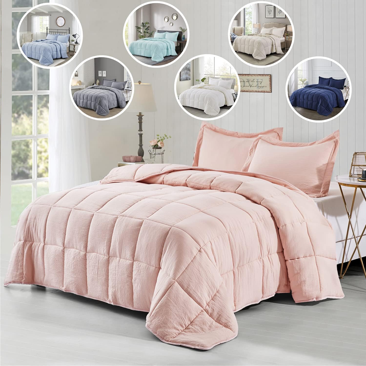 HUAJIE 3 Pieces All Season Prewashed Down Alternative Quilted Comforter Set with Corner Tabs -Duvet Insert -Box Stitched-Super Soft Fiberfill Chic Farmhouse Style Bedding