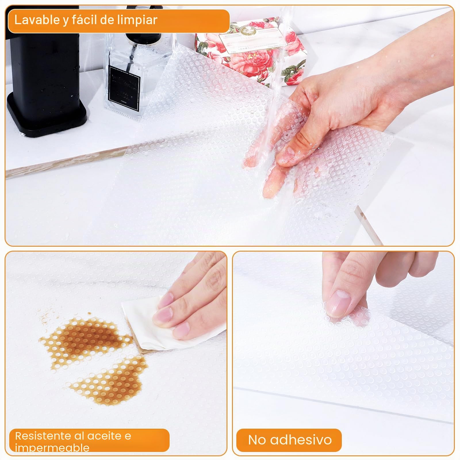 Dntorx Alfombrilla para cajones no adhesiva, 60 x 600 cm, alfombrilla antideslizante para cajones con 70 unidades de puntos adhesivos de doble cara, EVA impermeable, para estanterías, cocina, cajones,