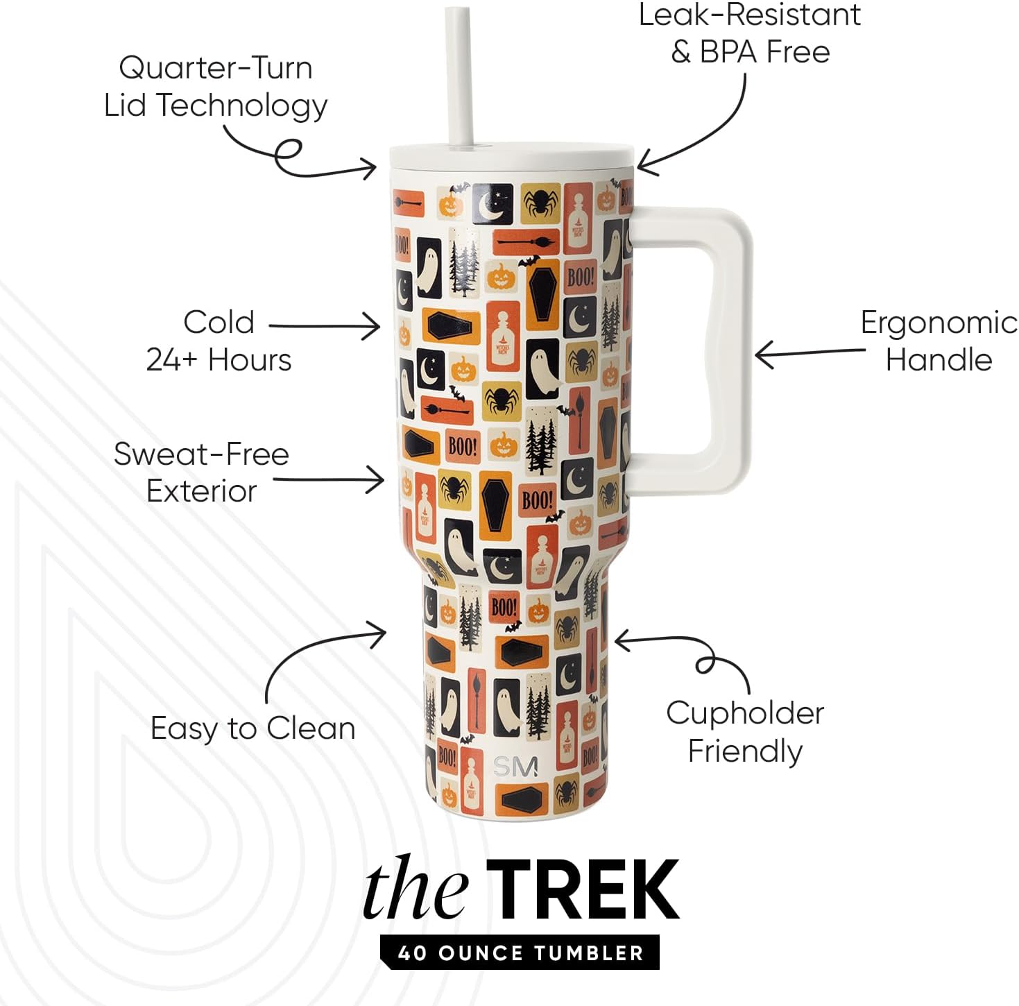 Simple Modern Halloween 40 oz Trek Tumbler with Handle and Straw Lid | Cup Holder Friendly Insulated Stainless Steel Travel Mug | Spooky Stamps on Cream - Image 3