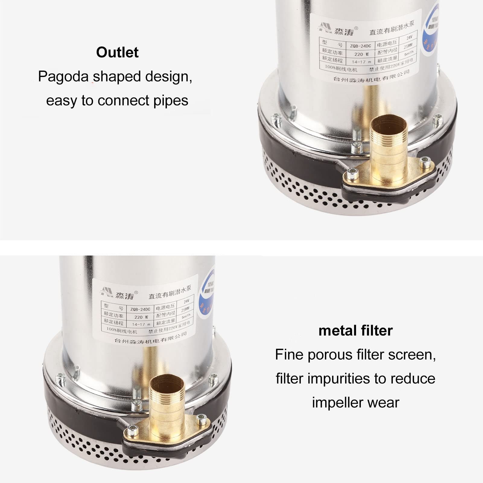 FLEXMAN Submersible Pump, 220W Submersible Water Pump, 3800Rpm Stainless Steel Well Pump, 24V Farm Outlet Pressure Drain Pump for Yachts, Fishing Boats, Orchards