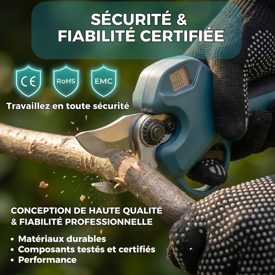 Sécateur Électrique Sans Fil 40mm - Sécateur à Batterie - 2 batteries 21V 4000mAh - Brushless 800W - Coupe Branche Professionnel - BLADEPRO