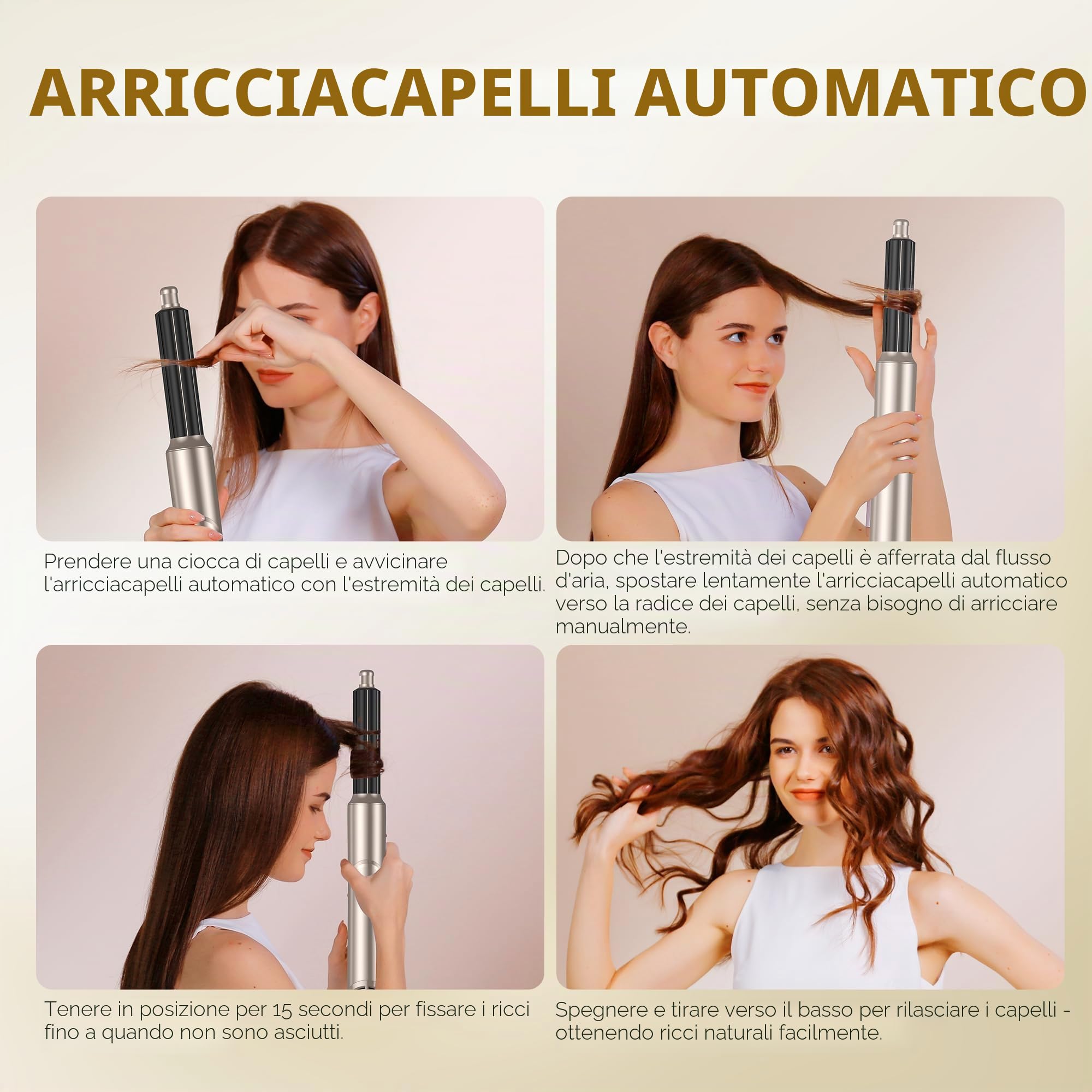 Modellatori Capelli Spazzola Ad Aria Calda con Diffusore, 6 in 1 Air Styler Spazzola Asciugacapelli, Hairstyler Phon Capelli con Arricciacapelli Ad Aria Volumizzante Spazzola Lisciante, Platino-oro