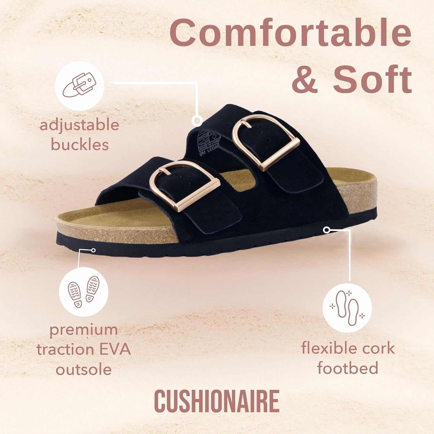 CUSHIONAIRE Legacy Cork Footbed Sandals for Women – Leather Double Strap Slides with Adjustable Buckles + Memory Foam - Image 4