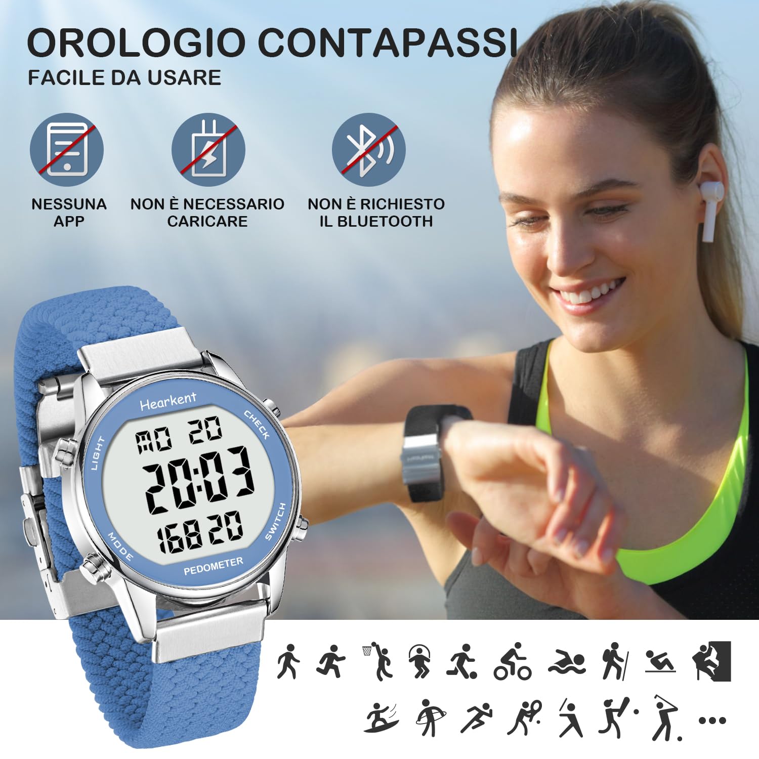 Hearkent Orologio contapassi pedometro da donna, goderti passi, chilometraggio, calorie, conto alla rovescia, sveglia e altre funzioni. Nessuna app, ricarica richiesta o bluetooth, 2401