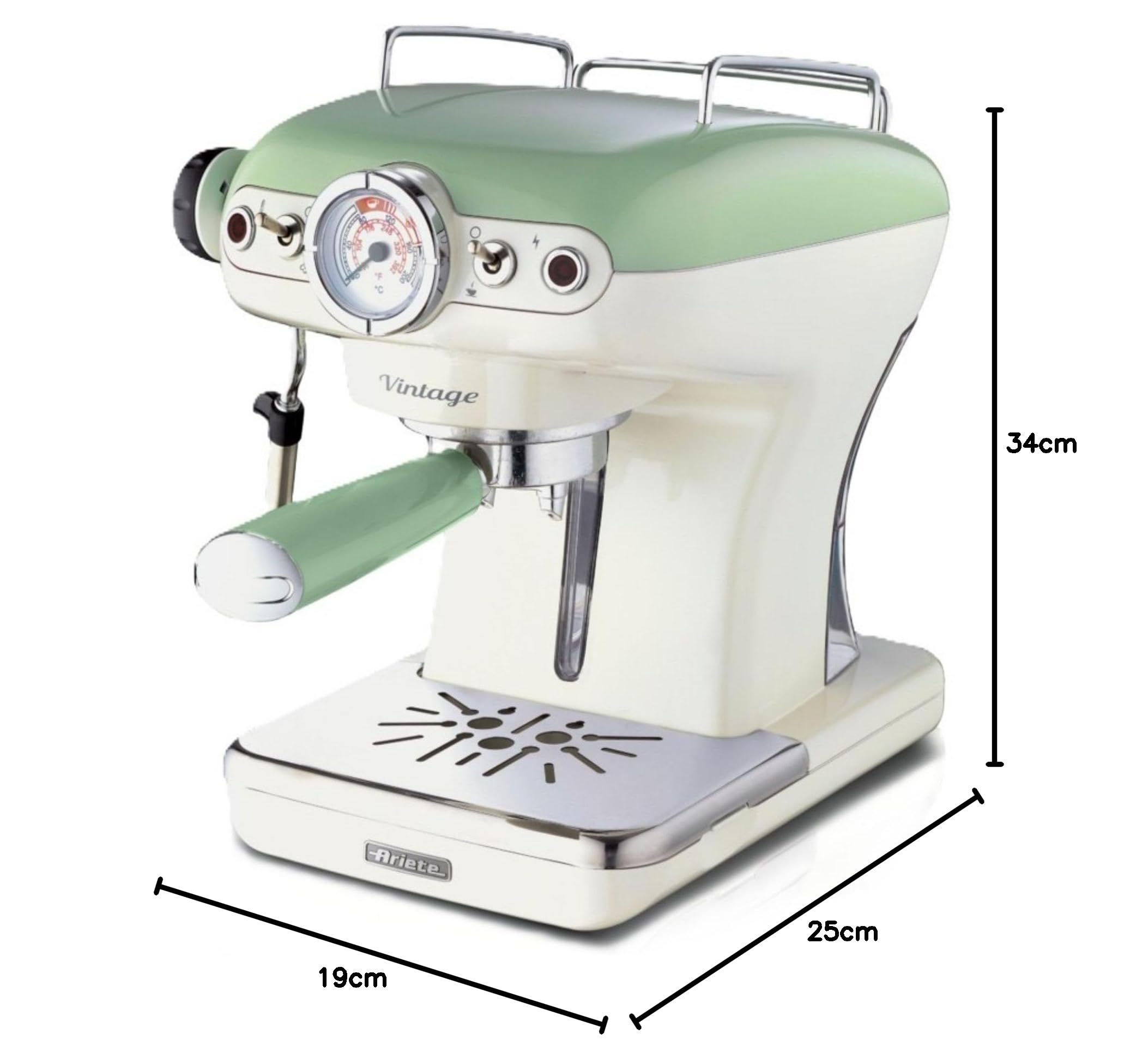 Ariete Caffè Espresso Vintage 1389, Macchina per Caffè Espresso per Polvere o Cialda ESE, 1 e 2 Tazze, Lancia Cappuccinatore, Supporto Tazze in Acciaio Inox, 15 Bar, 850W, Verde