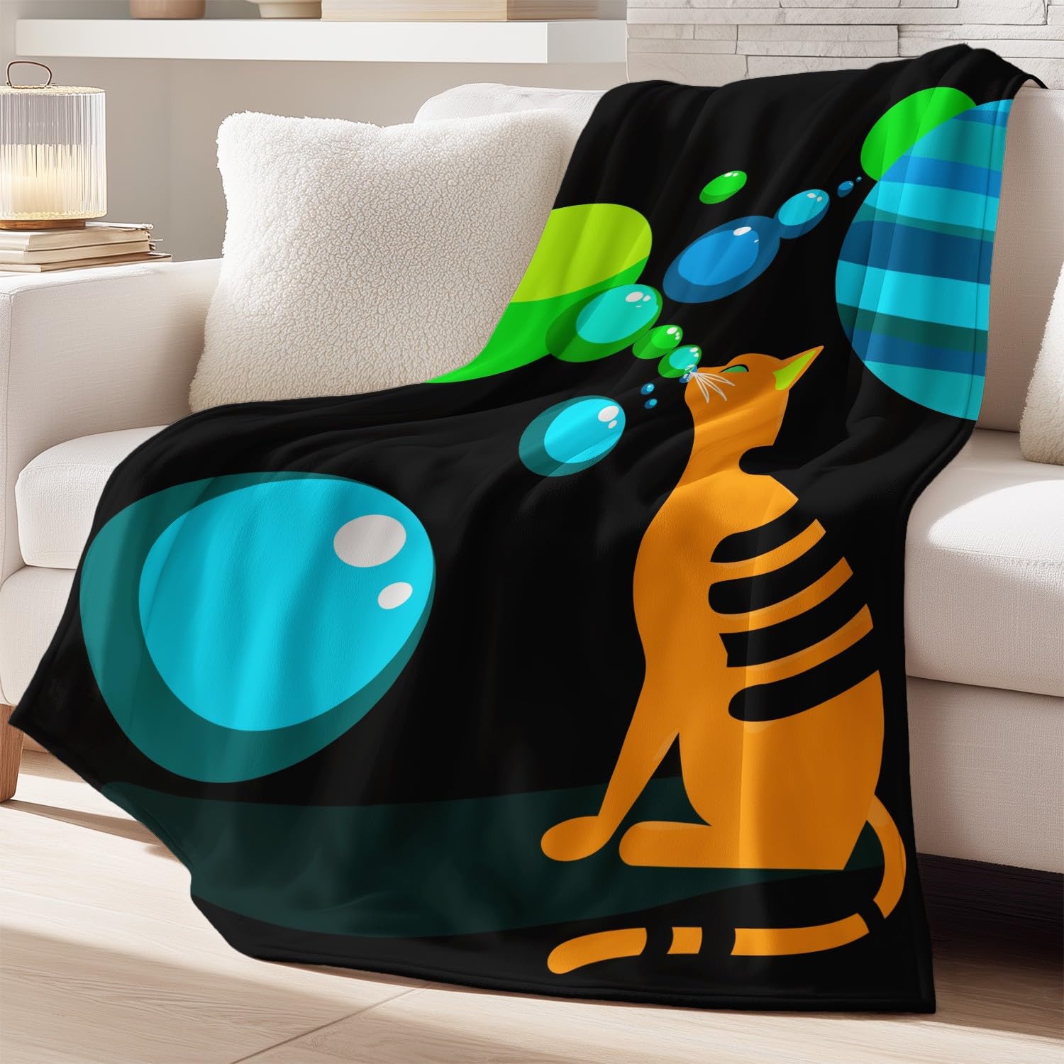 Coperta di cartone animato fantascienza gatto pianeti universo bolle al neon surrealistiche per donna uomo, coperta in peluche super morbida in flanella, decorazione per la cameretta dei bambini, 180