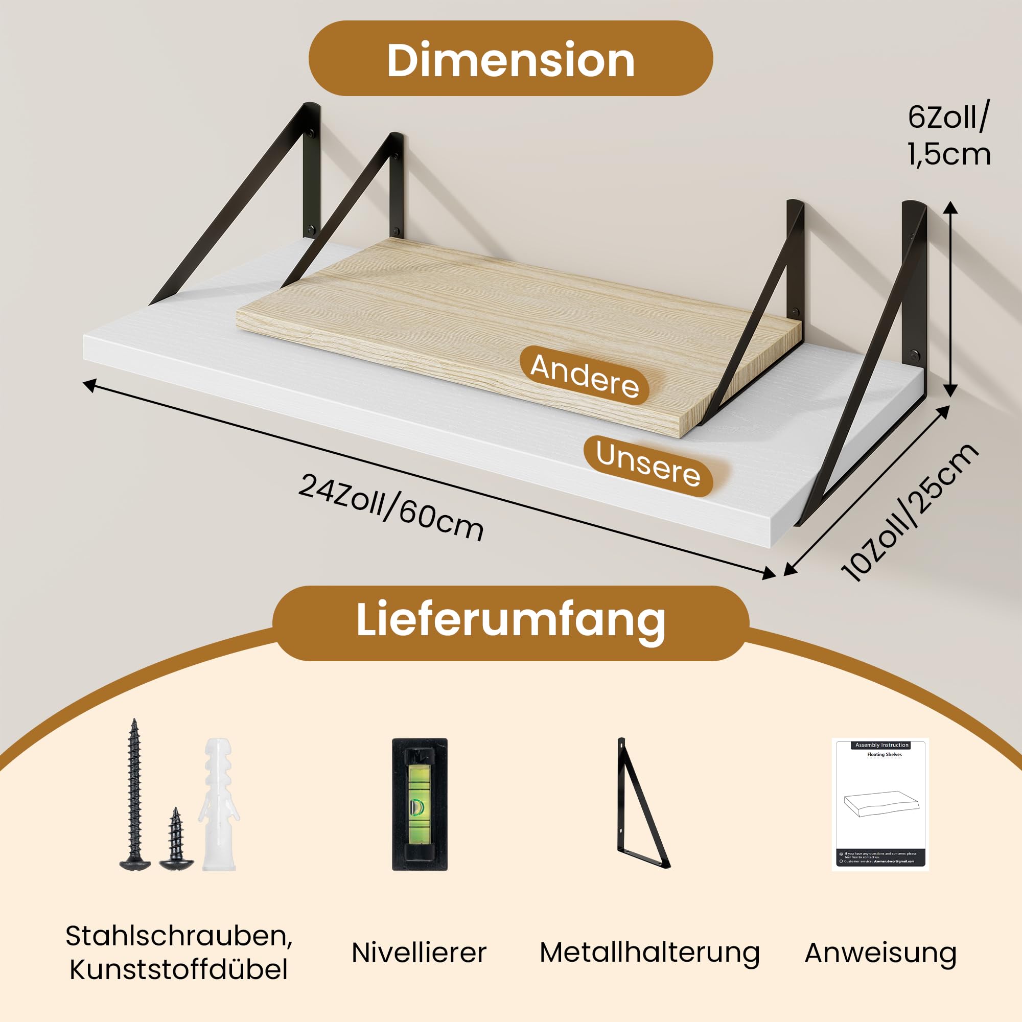 Acovy Wandregale, 2er-Set, 60 cm breit, 25 cm tief, rustikale und robuste Wandregale für Küche, Büro, Bad, Schlafzimmer, Wohnzimmer, Waschküche, Weiß