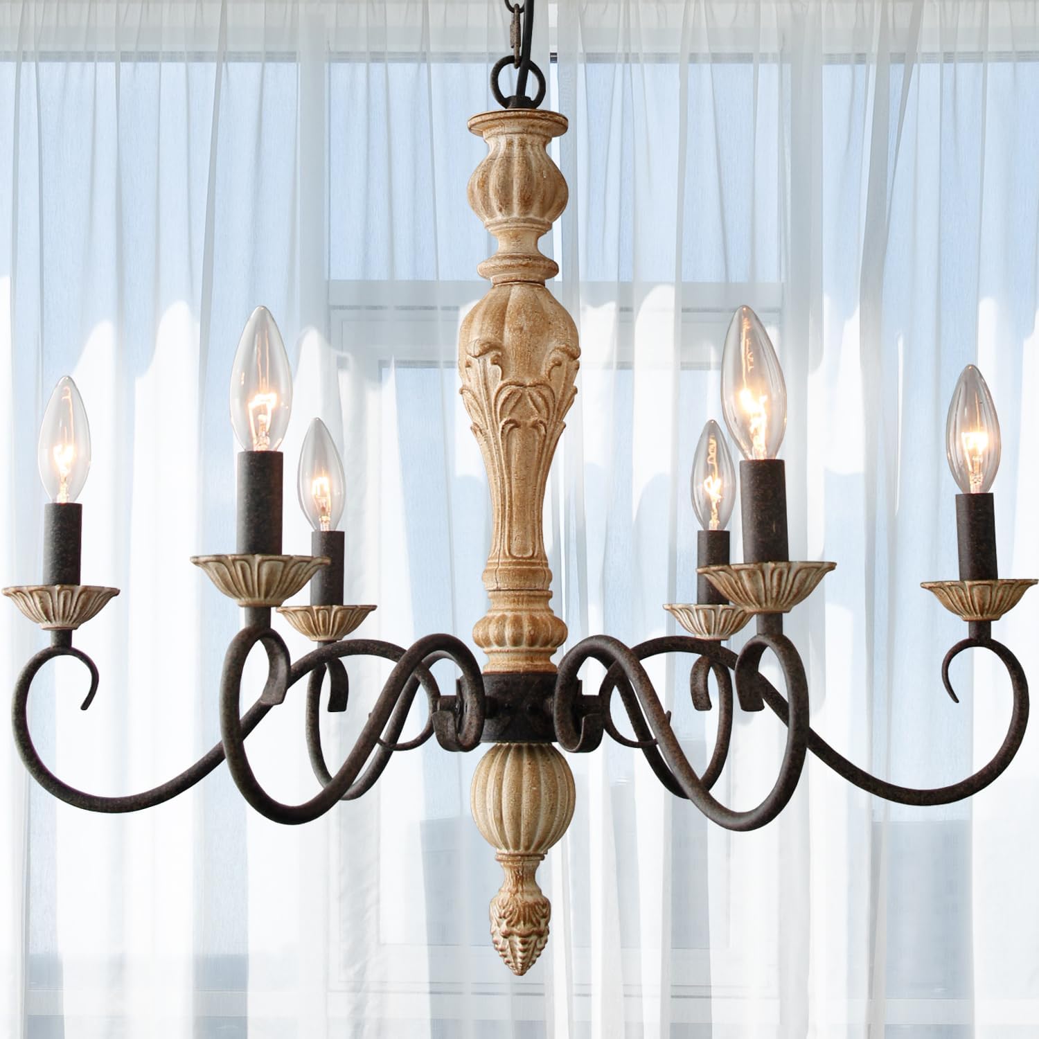 Cawabien French Country Chandelier-Rust Imitation Wood Finish Farmhouse ...
