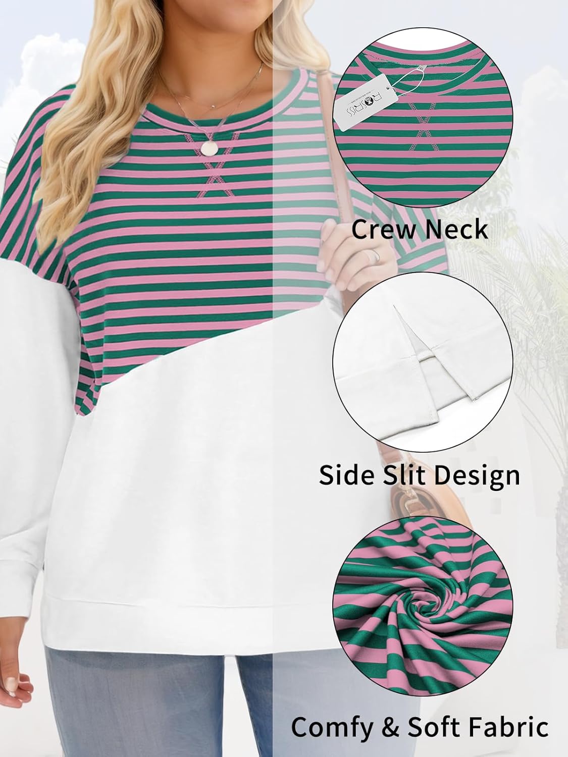 ROSRISS Womens Plus Size Sweatshirts Long Sleeve Side Split Striped Colorblock Tops Oversized Crewneck Casual Pullover Shirts - Image 4