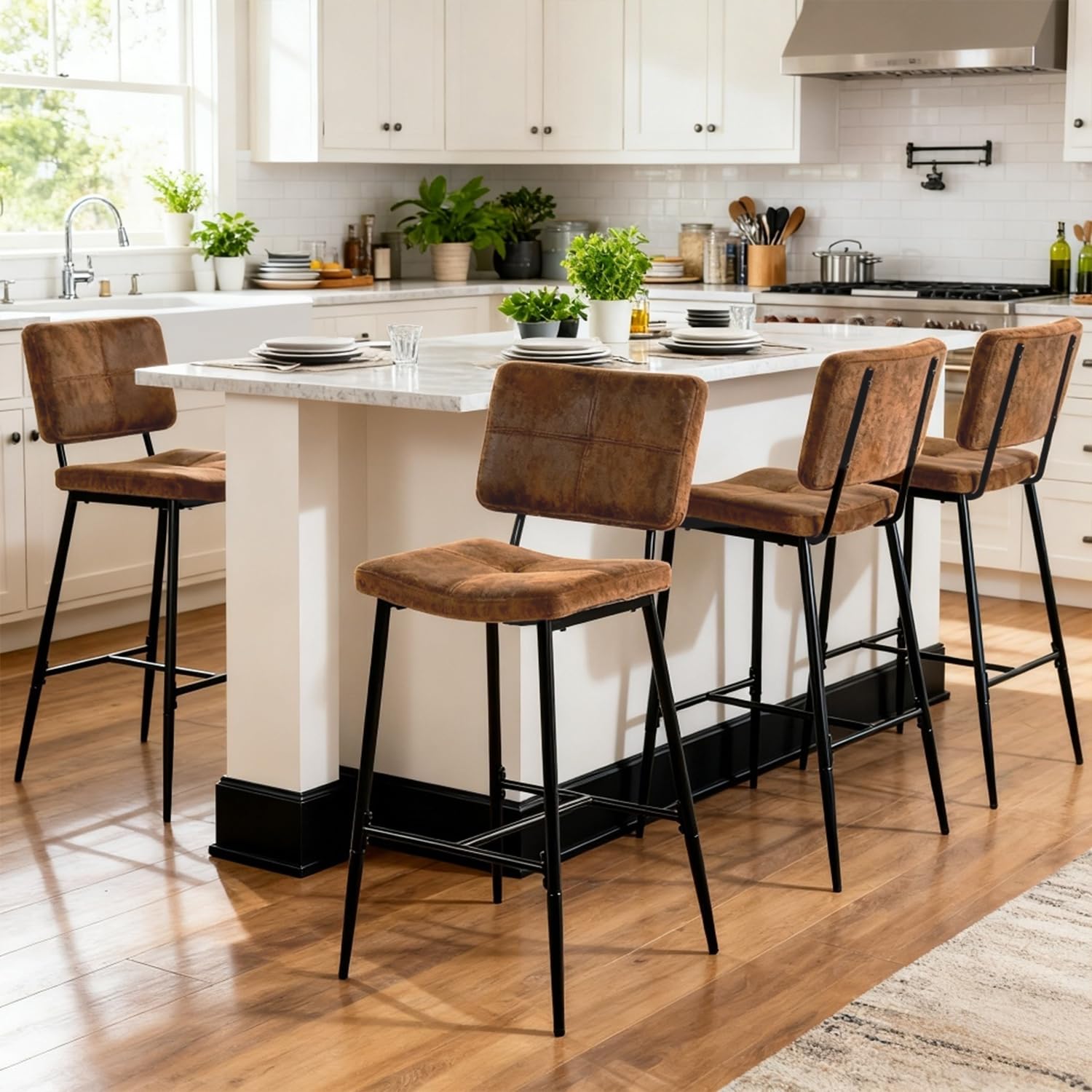 Meuble Cosy Lot de 2 Tabouret de Bar Industriel avec Dossier et Repose-Pieds, Siège Rembourrés de 75 cm de Haut, Chaises Hautes en Suédine Cadre en métal, Marron