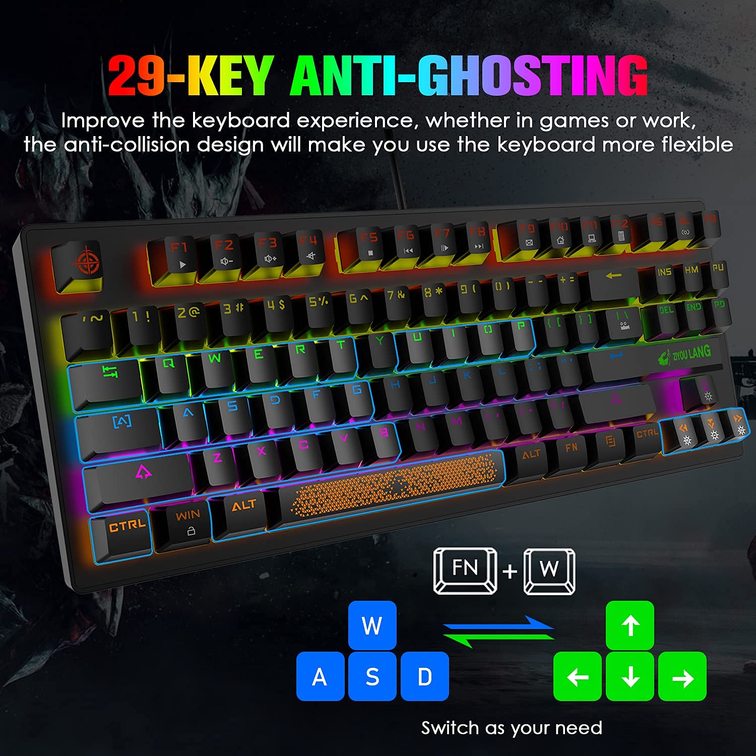Tastiera Meccanica da Gioco ZIYOU LANG, Tasti Retroilluminati RGB, Resistente alle Fuoriuscite, Tasti Multimediali Dedicati, 87 Tasti, Completa Anti-Ghosting, Essenziale per Gaming, Layout QWERTY