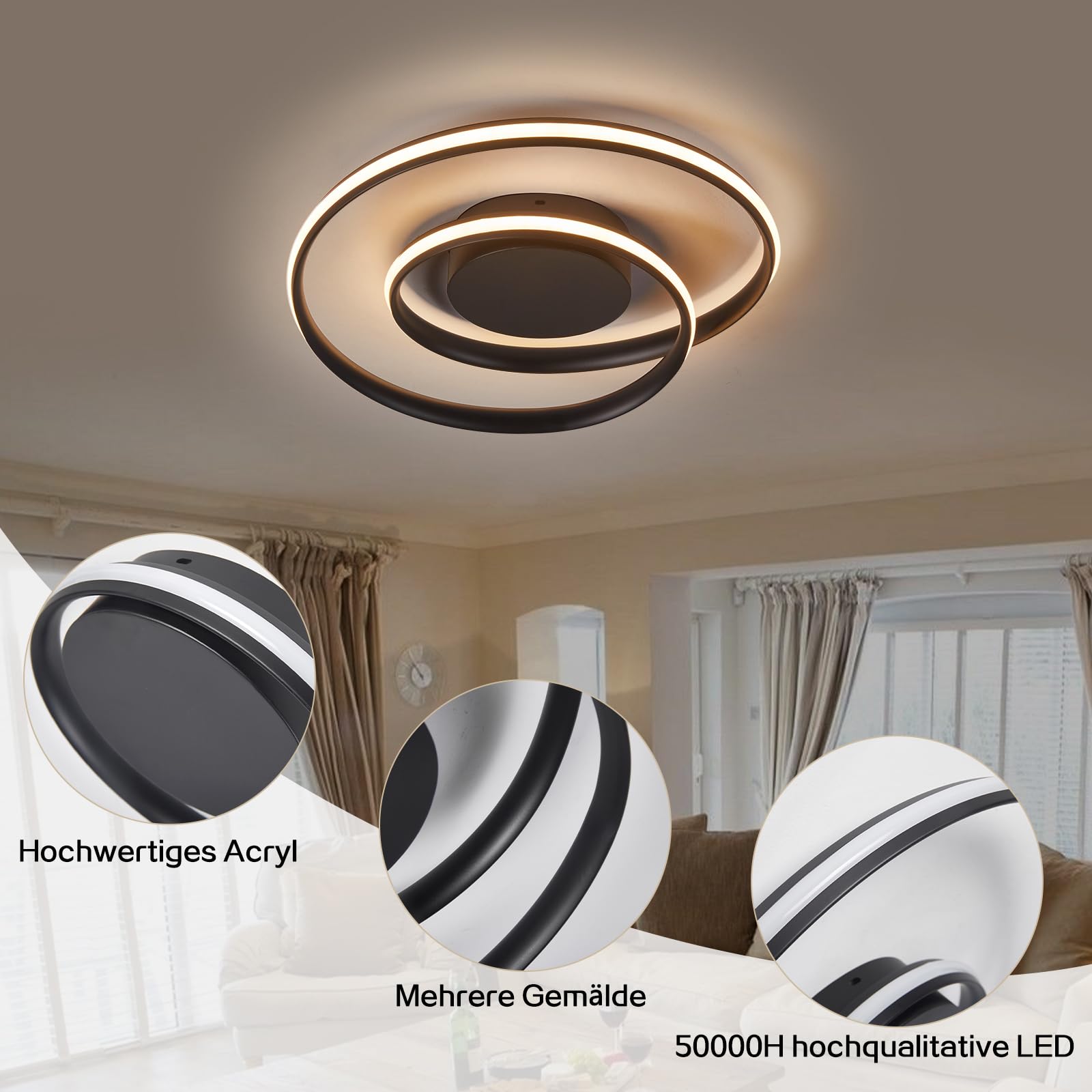 Sky angle Plafoniera LED Intelligente - Dimmerabile Tramite Telecomando e App, 28W Colore Regolabili 2500 LM 48 CM, per Camera da Letto Soggiorno (Nero, Controllo vocale intelligente)
