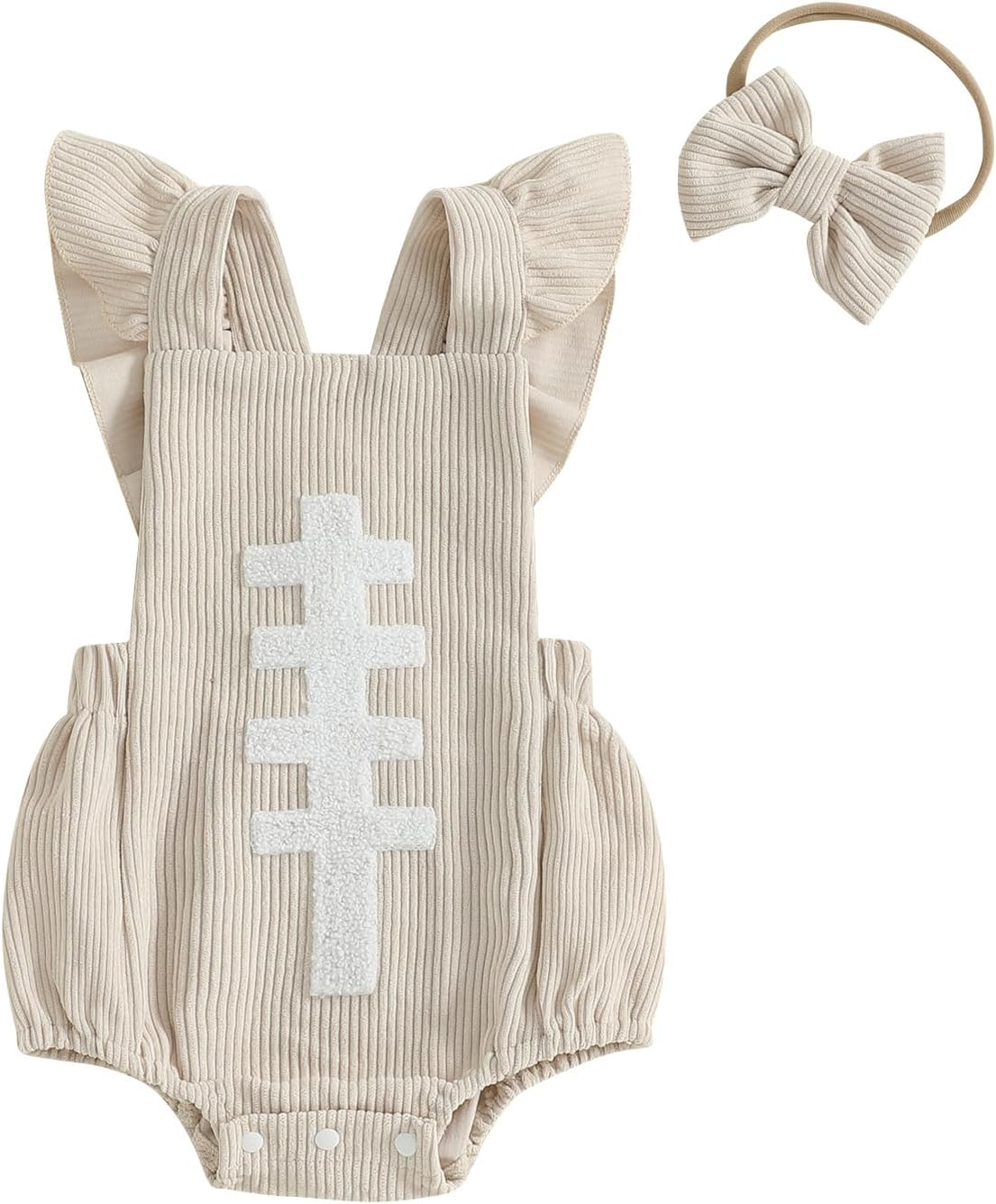 Newborn Baby Girl Football Outfit Football Embroidery Ruffle Sleeveless Corduroy Romper Bodysuit with Headband