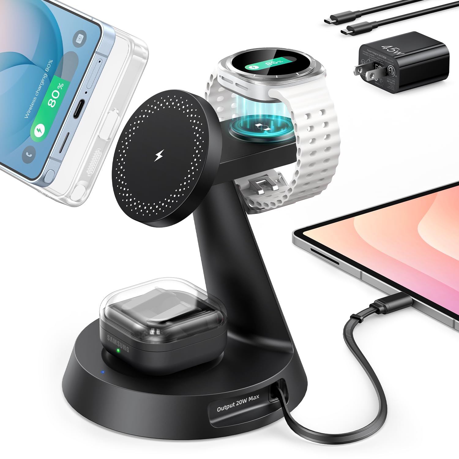 Meifigno Caricatore magnetico 4 in 1 per Samsung con cavo di ricarica rapida estensibile da 20 W, stazione di ricarica wireless compatibile con supporto di ricarica MagSafe per Galaxy S26 Ultra, Z