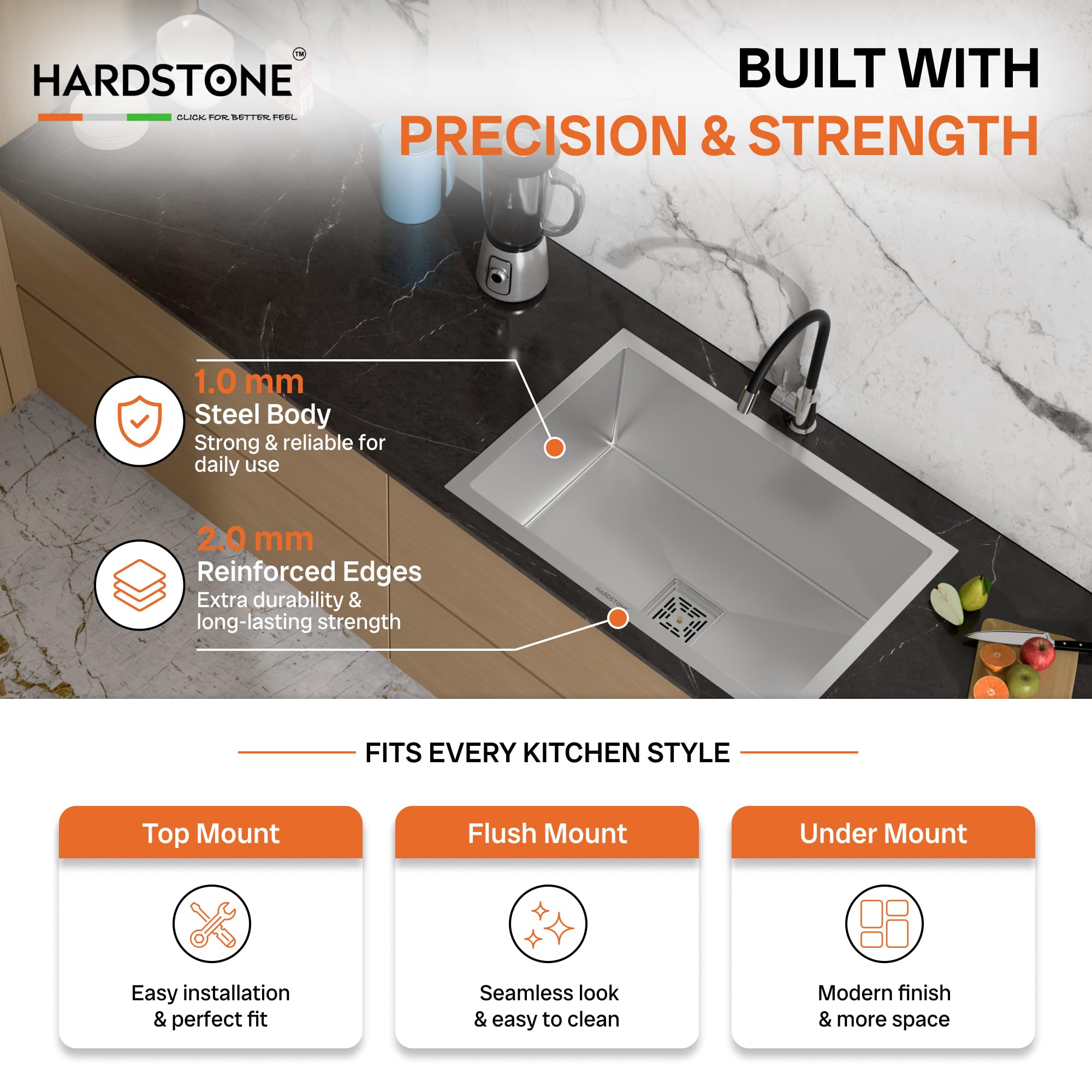 HARDSTONE Premium Kitchen Sink | Single Bowl 24x18x9 Inch | Grade Stainless Steel Matte Finish | Handmade Heavy Duty Wash Basin for Modern Homes | Includes Waste Pipe, Coupling & Basket | Silver 3
