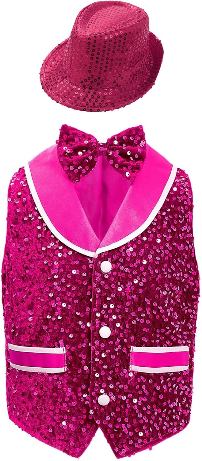 DINORMIN Kids Boys Girls Dance Party Stage Performance Jacket Vest Hip-Hop Jazz Waistcoat and Bowtie Hat