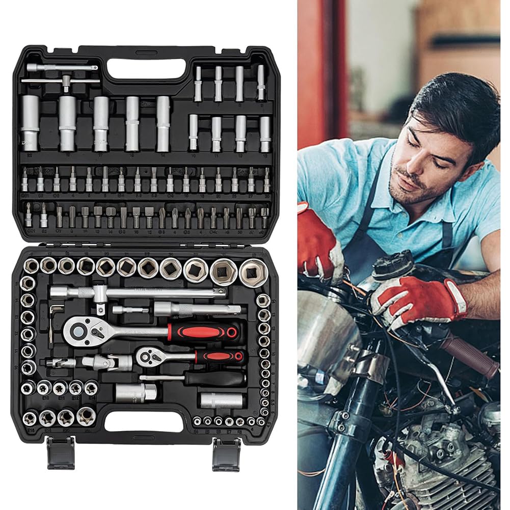 108szt Klucz Z Grzechotką Zestaw Narzędzi Mechanicznych Zestaw Nasadek Metrycznych Z Napędem 1/4 I 1/2, Szybkie Zwalnianie Odwracalny Klucz Z Grzechotką Do Napraw Samochodowych