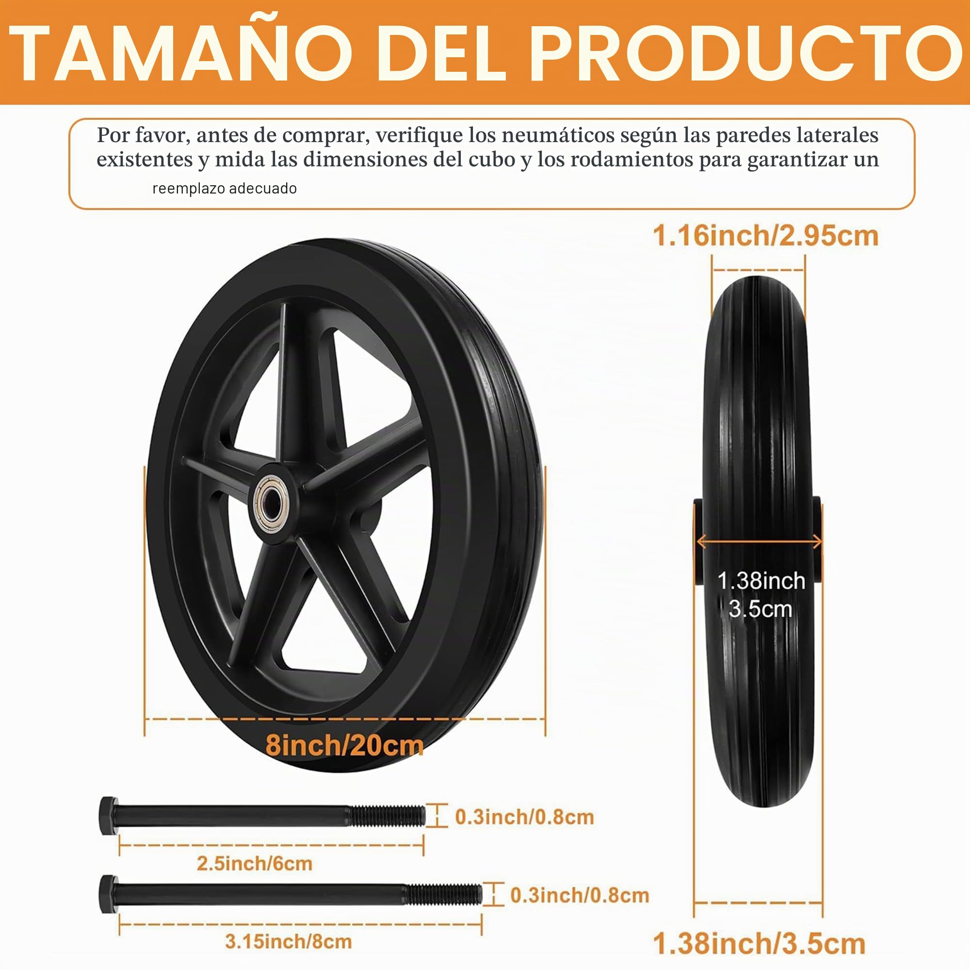 2 ruedas de repuesto sólidas de 200 mm, material goma respetuoso medio ambiente, neumáticos poliuretano resistente desgaste, buje ABS antideslizante duradero