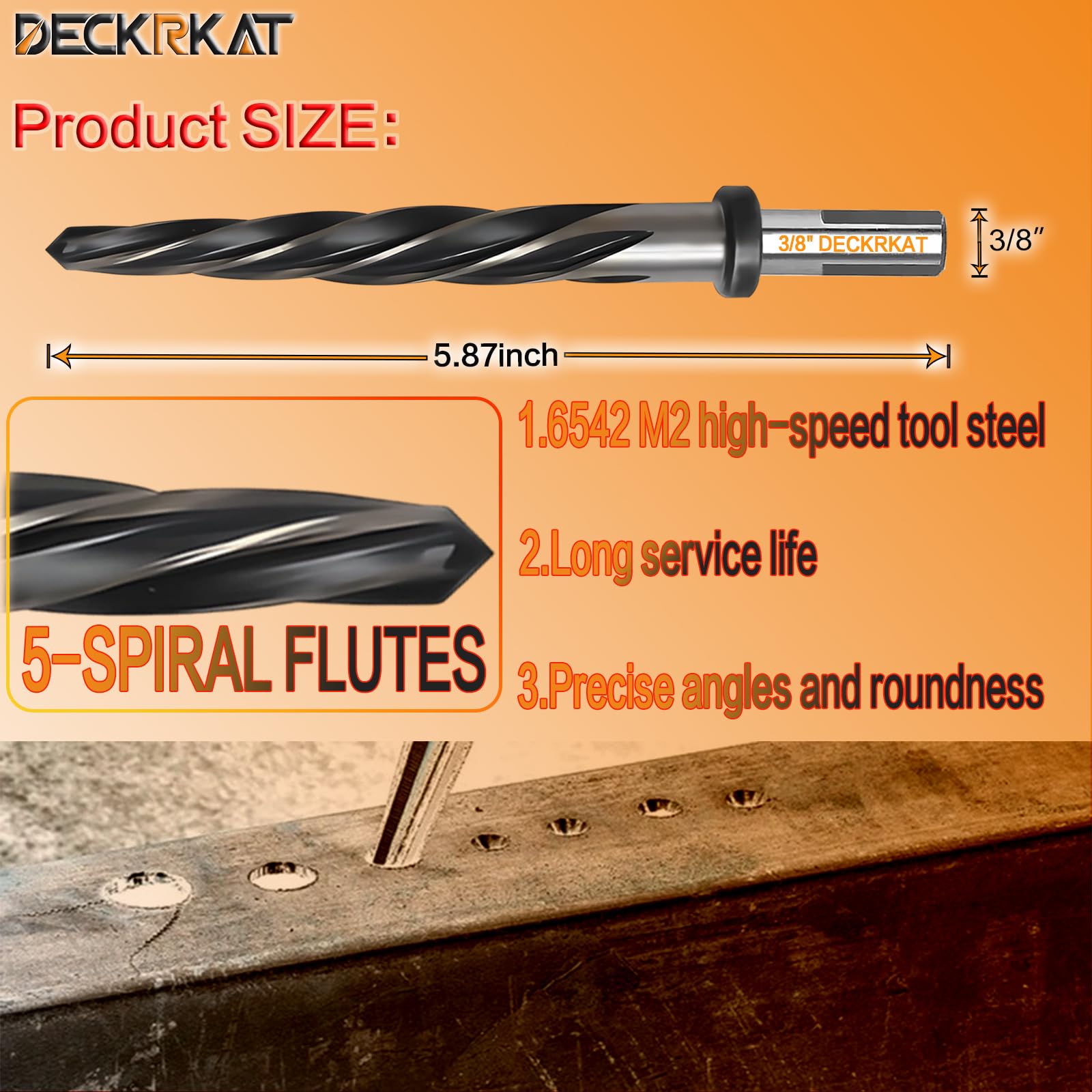 Broca escariadora de 3/8 pulgadas para metal, escariador cónico HSS M2 para acero, aleación, madera, plástico para alinear; agujeros ampliados, 5 flautas en espiral, vástago antideslizante de 3/8