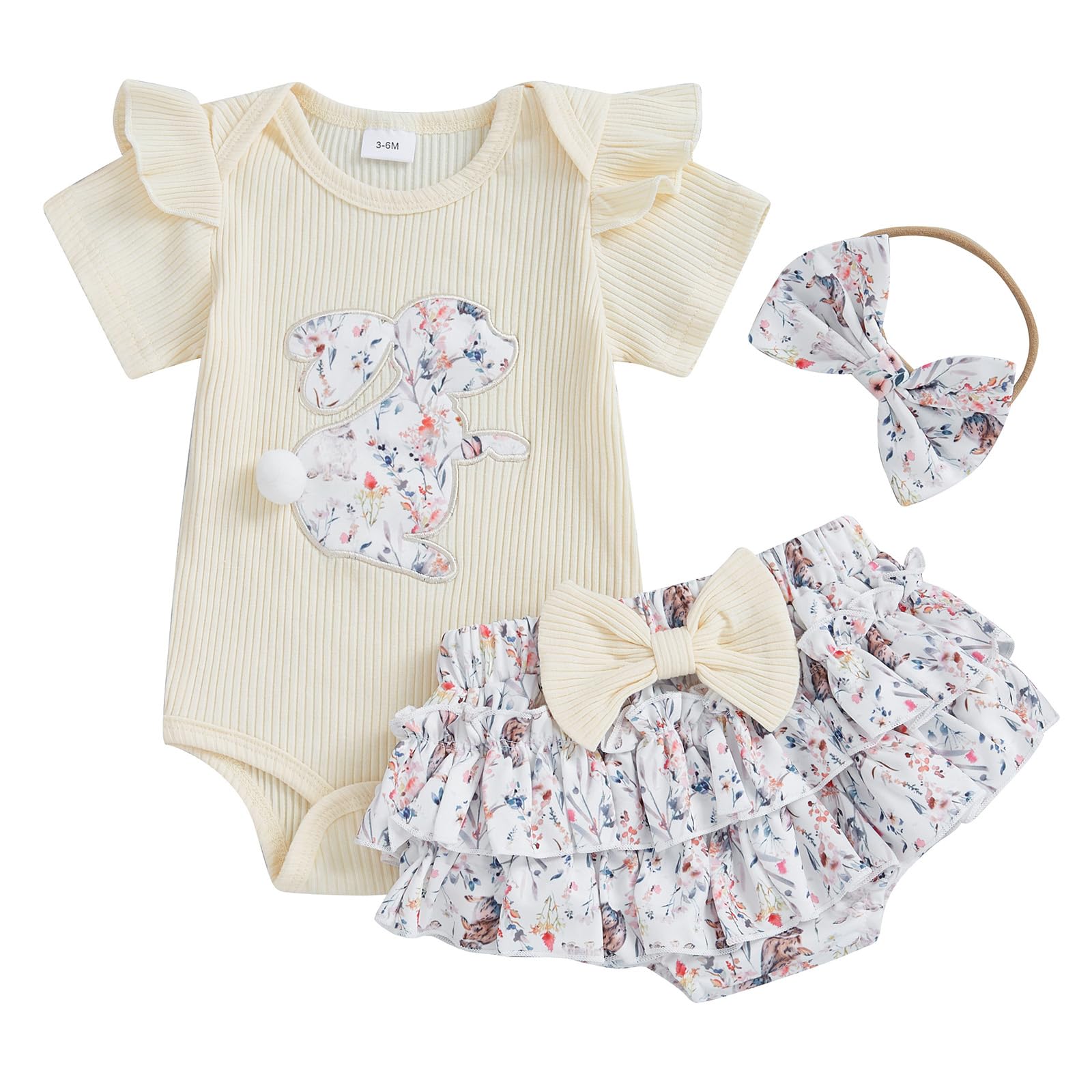 MAINESAKA My Frist Easter Baby Girl Outfit Newborn Bunny Print Short/Long Sleeve Romper Ruffle Bloomer Skirt Summer Clothes (F-Khaki, 3-6 Months)