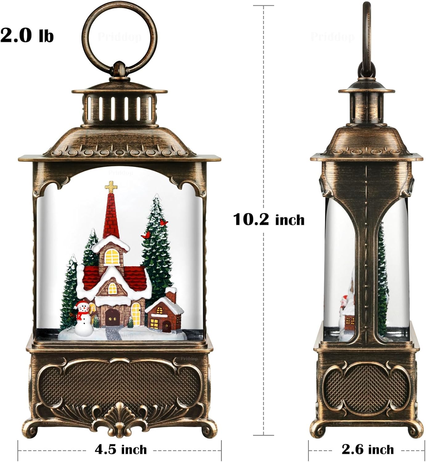 Church Snow Globe Christmas Decorations Gifts Snowman Cabin Cardinal Tree USB/Battery Timer Music Glitter Snowfall Lantern 10.2 inch - Image 5