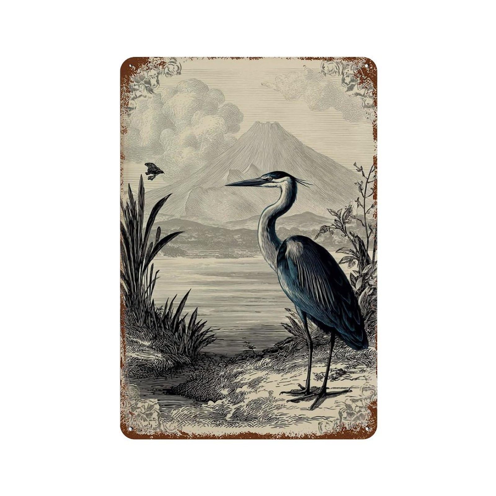 xiaoxiaoshen Heron Antique Nature Bird Design Victorian Lake Scene Engraved Wildlife Wall Decor Art Metal Tin Poster Modern Home Decor Art Home Bar Shop Decorations Vintage Sign 30x20cm