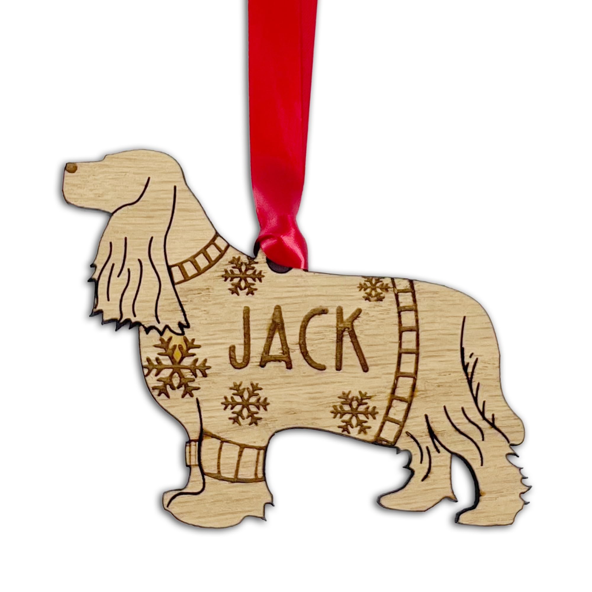 Personalised Cocker Spaniel Dog Christmas Tree Bauble, Jumper with Snowflakes Design, Oak Veneer Wood or White Wood Decoration with Red Ribbon (Oak Veneer, Decoration Only)