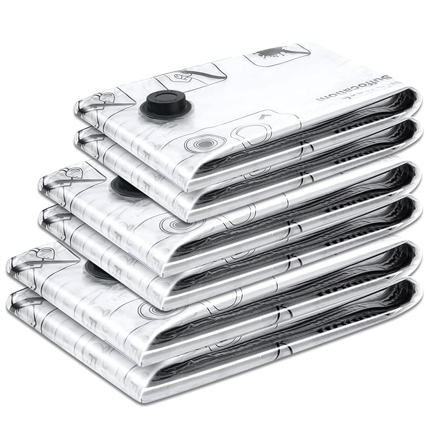 ETROBOT 6 pezzi Sacchetti Sottovuoto Vestiti (2 Grandi 80x60cm + 2 Medi 70x50cm + 2 Piccoli 60x40cm) Sacchi Sottovuoto Piumoni per Vestiti,Lenzuola,Piumoni,Cuscini,Coperte,Viaggi,Traslochi