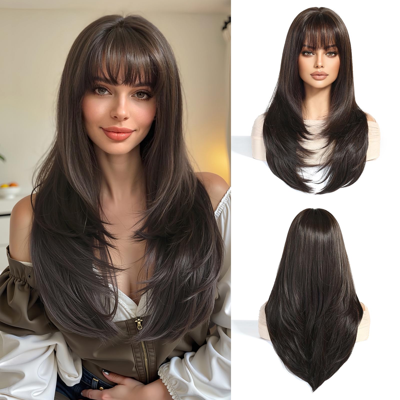 Esmee Long Straight Dark Brown Wigs for Women with Fringe Natural Synthetic Hair Wig for Daily & Party Use