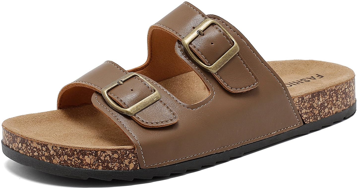 Cork Footbed Sandals Women Men, Arch Support Summer Beach Slide Slip On Slippers with Adjustable Buckle Outdoor Indoor
