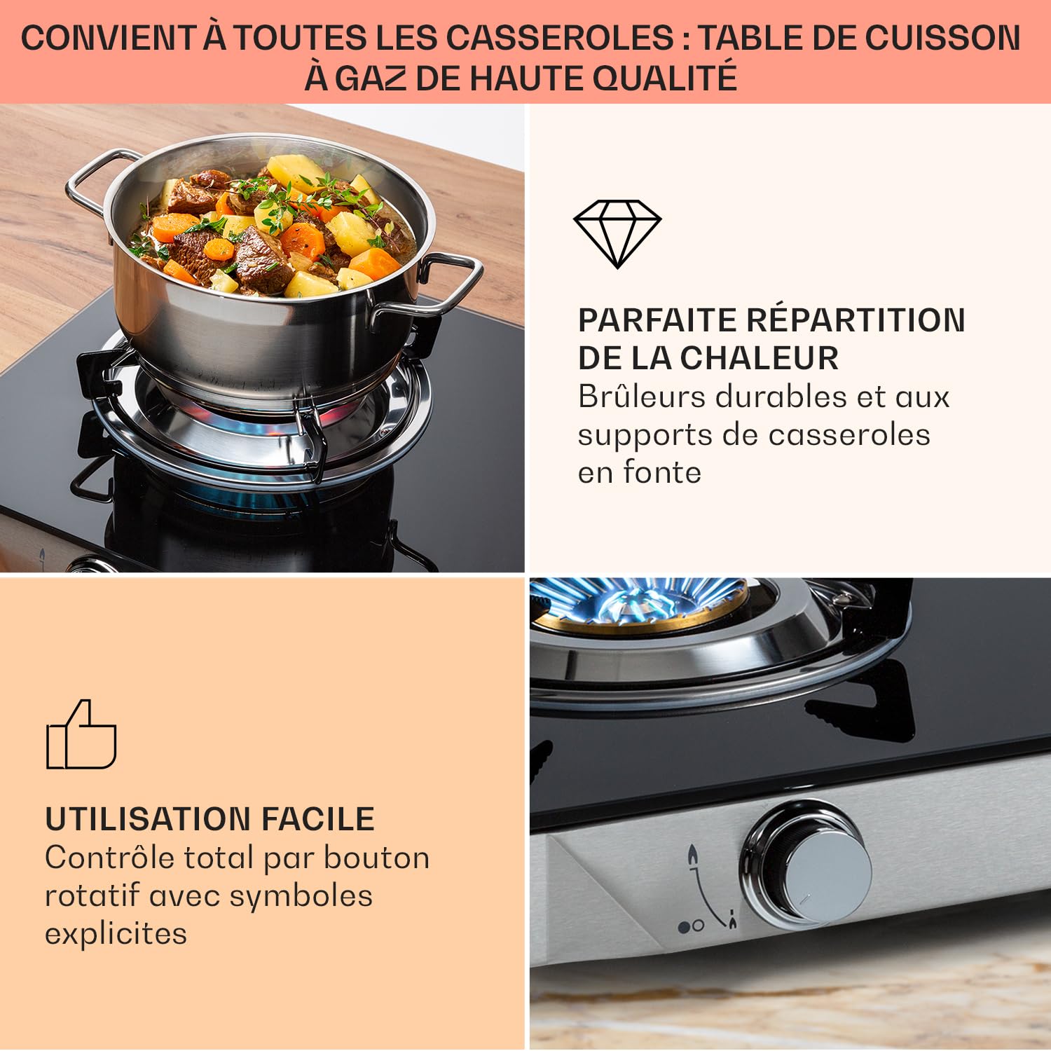 Klarstein Plaque de Cuisson Gaz 2 Feux, Table de Cuisson à 2 Brûleurs, Plaque Gaz de 7.7 kW, Piano Cuisine en Acier Inoxydable, Plaque de Cuisson Inox Portable