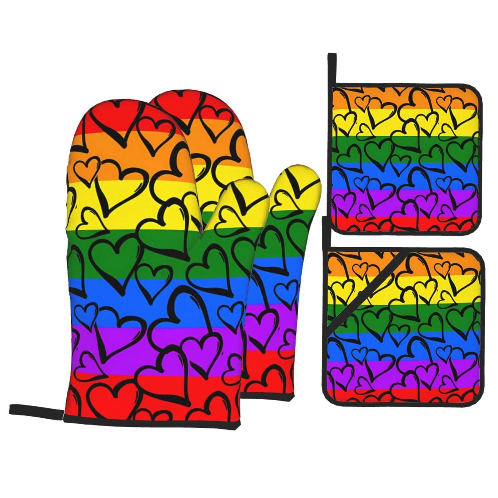 HJFCZH Gay Pride Rainbow Pattern Prints Kitchen Throw Set: Durable Oven Layers with Waterproof Polyester – 4 Piece Heat Protection System